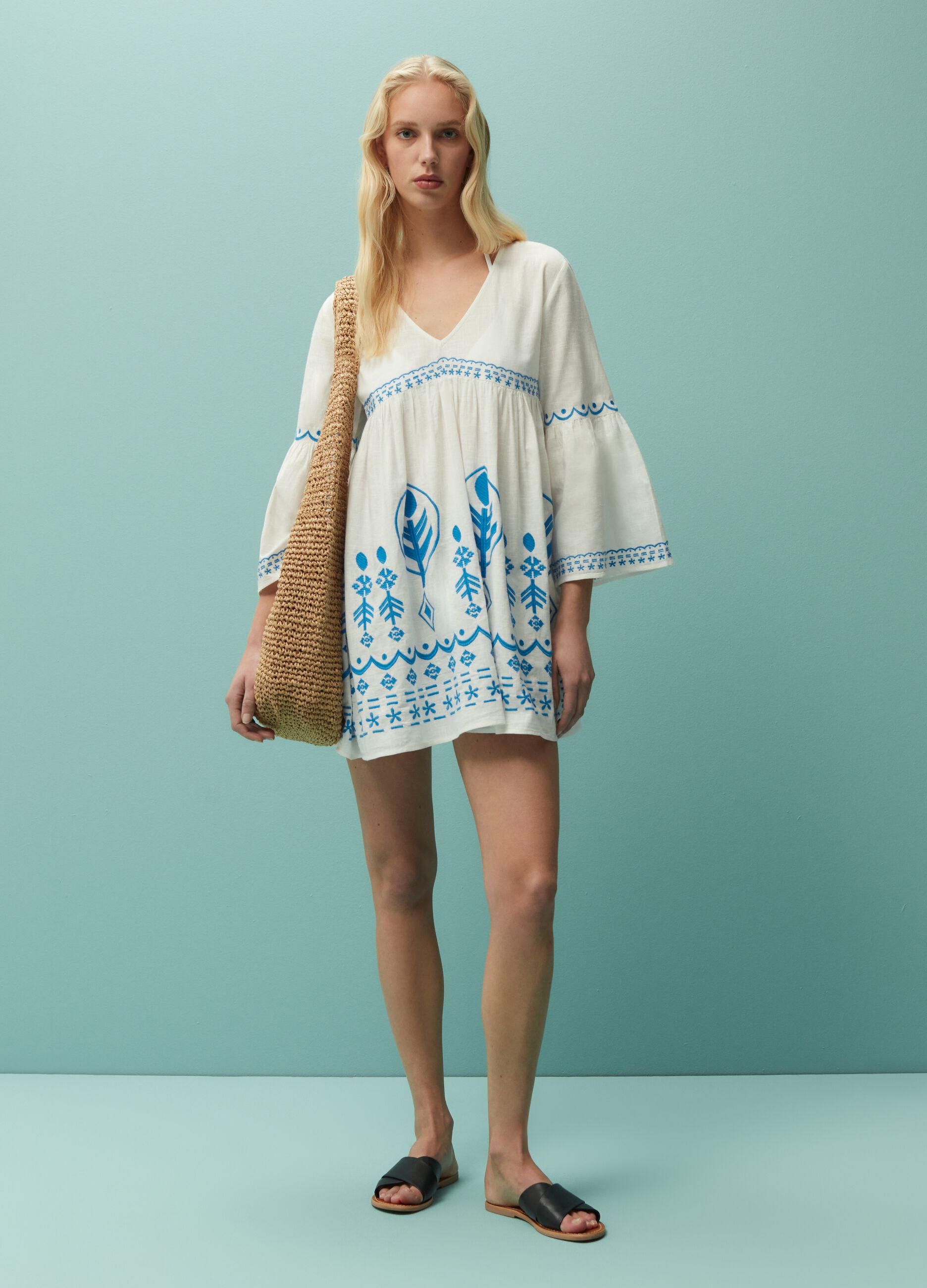 Beach cover-up dress with ethnic embroidery