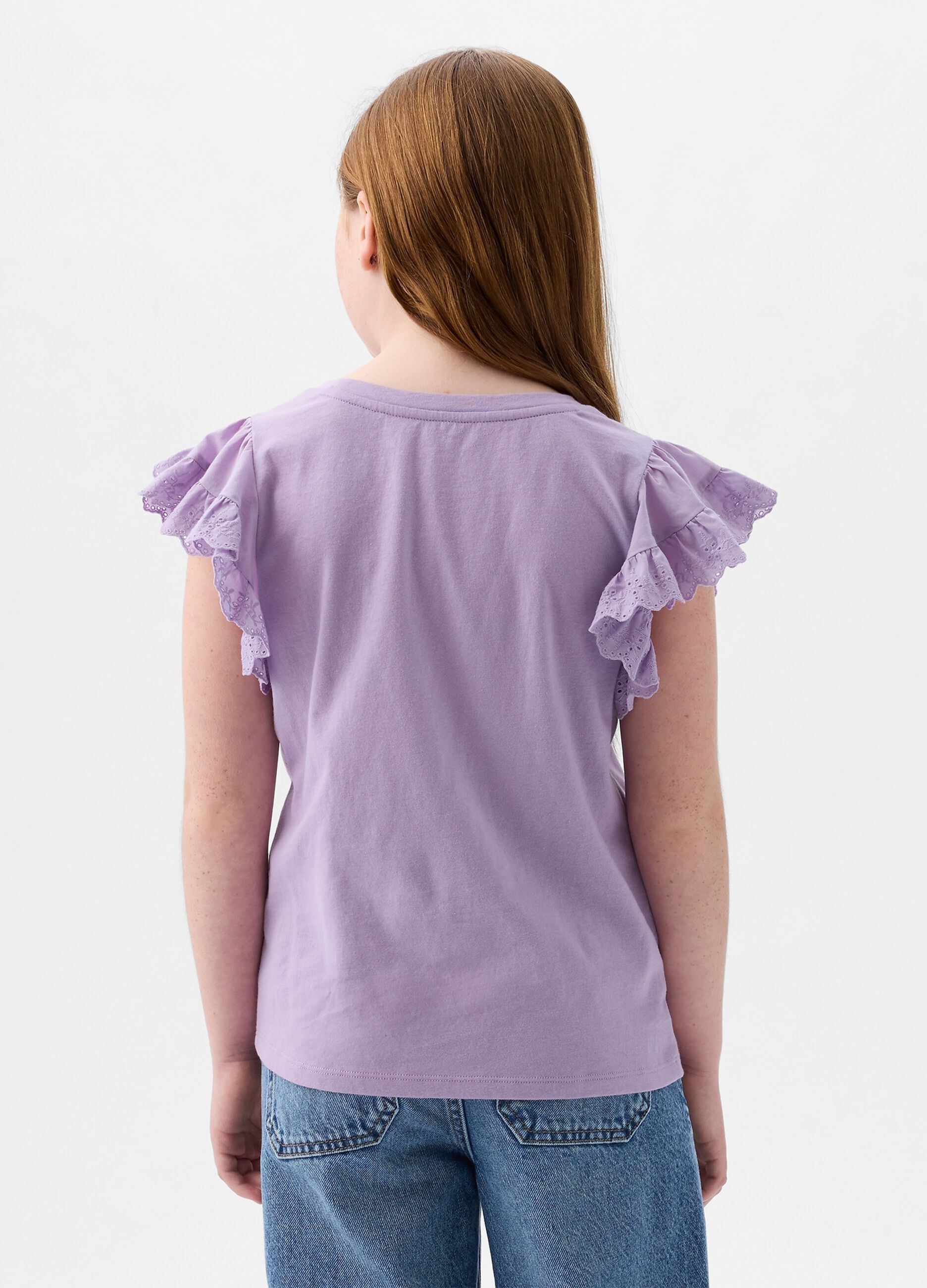 Cotton T-shirt with broderie anglaise flounces