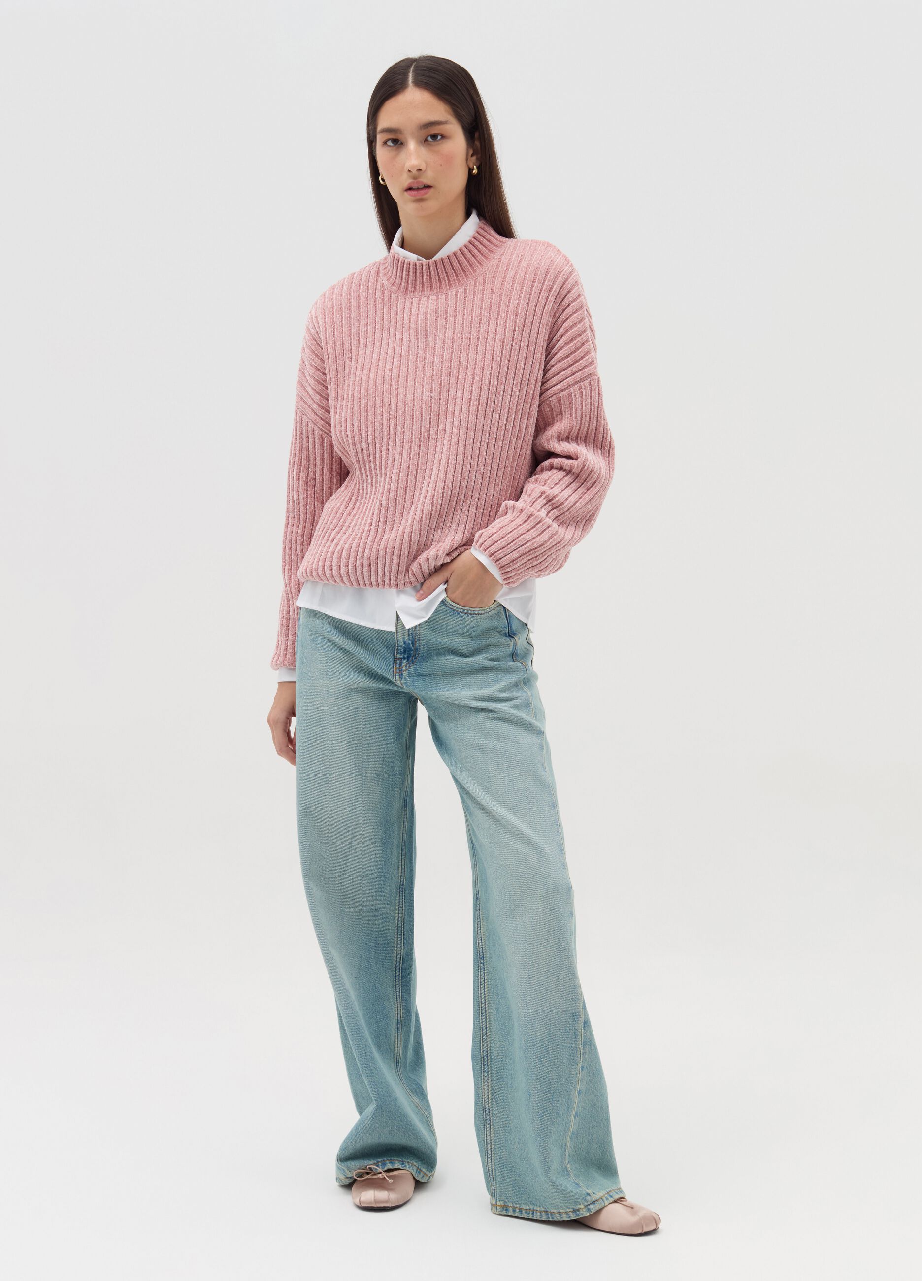 Chenille pullover with mock neck