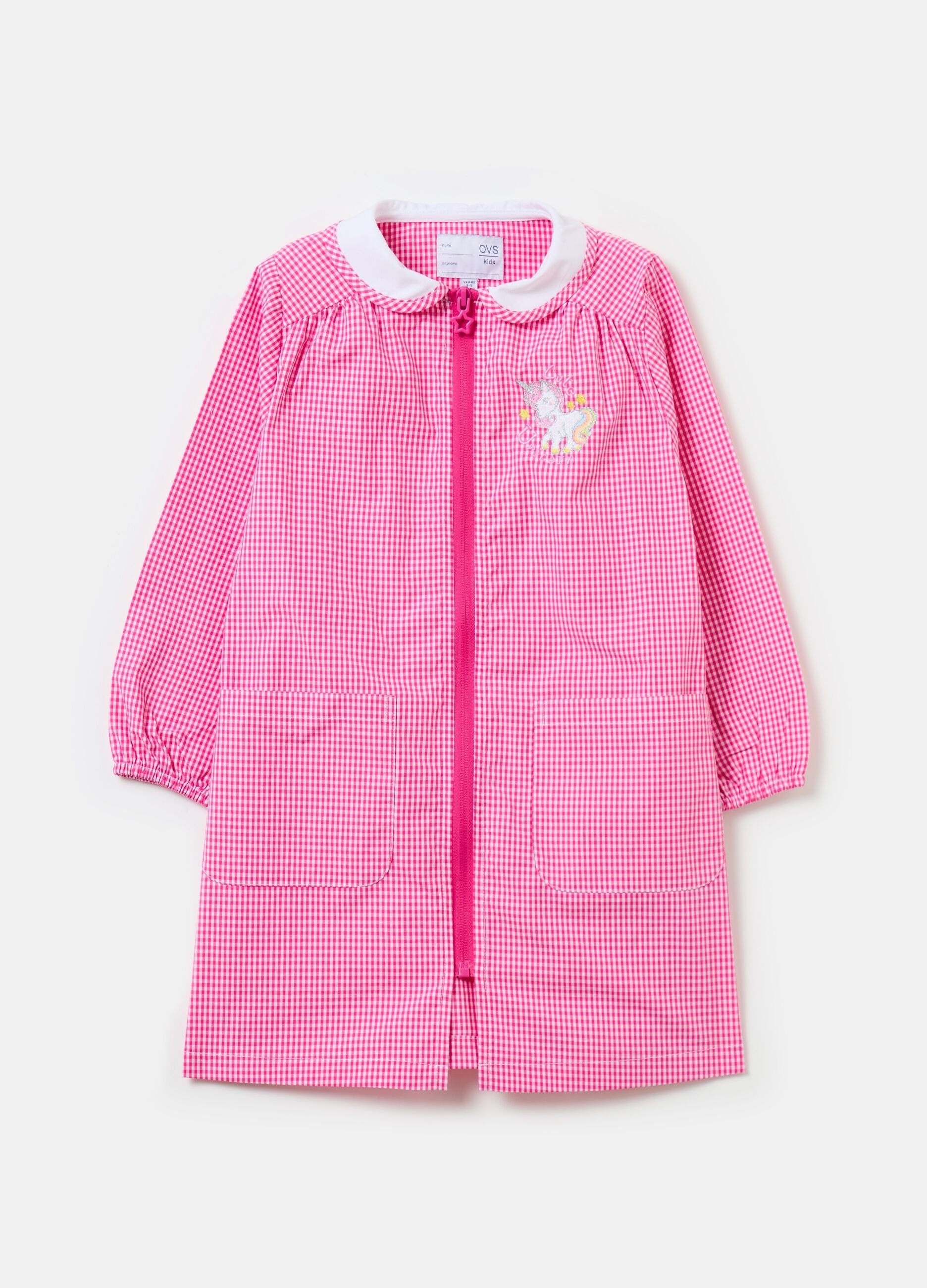 Gingham school smock with zip and embroidery