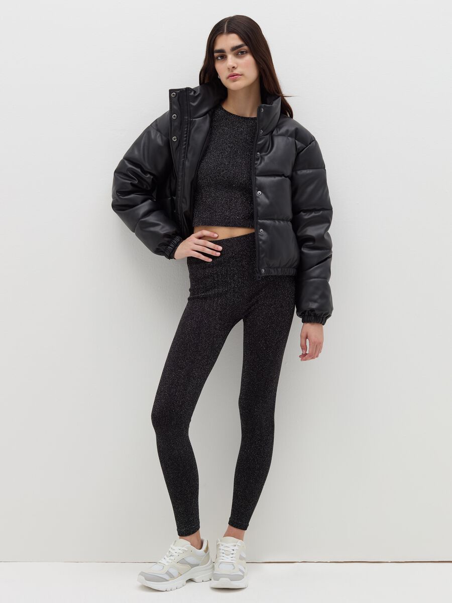 Glossy-effect crop down jacket with high neck_1