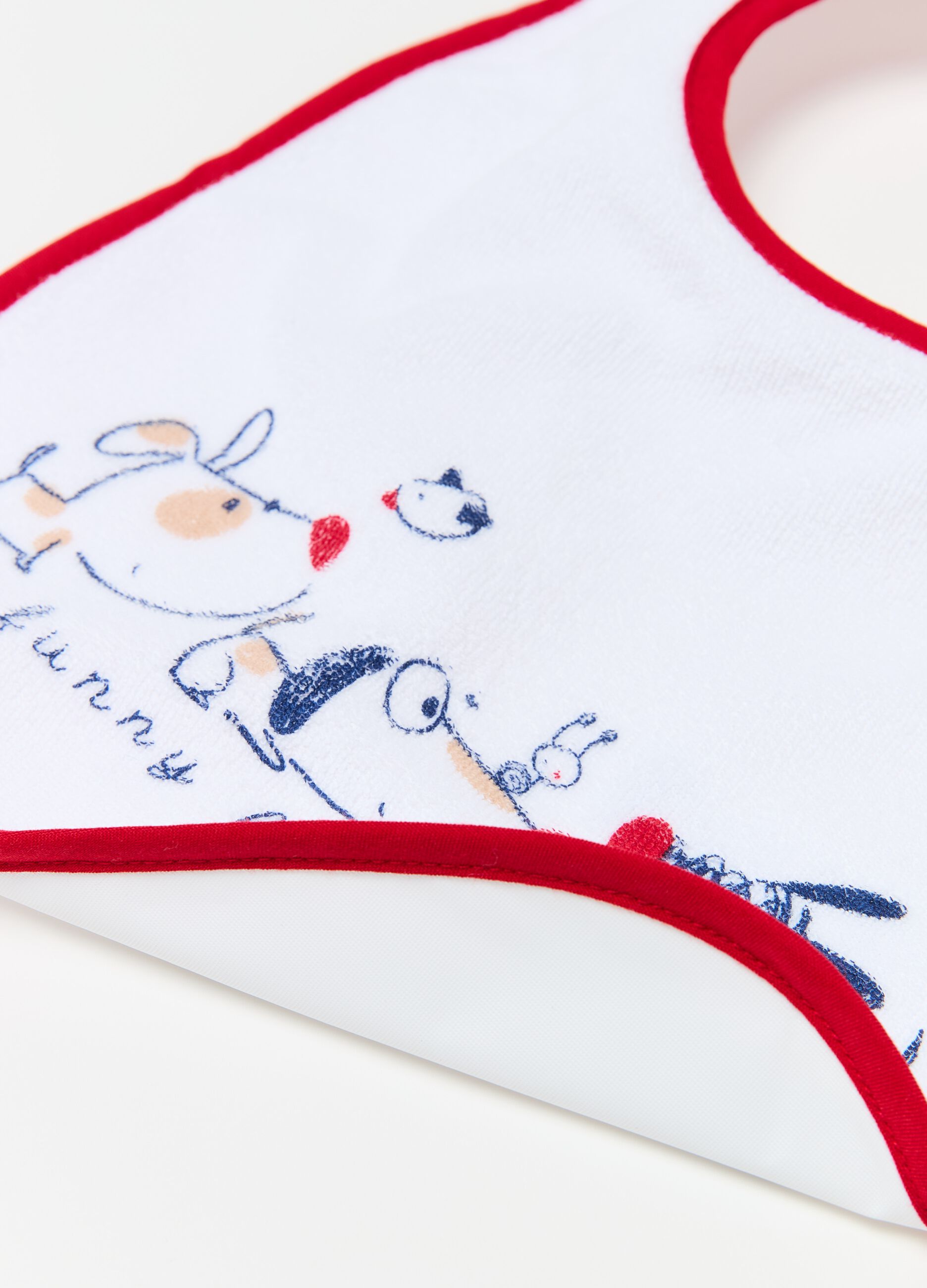 Two-pack bibs with PEVA backing and animals