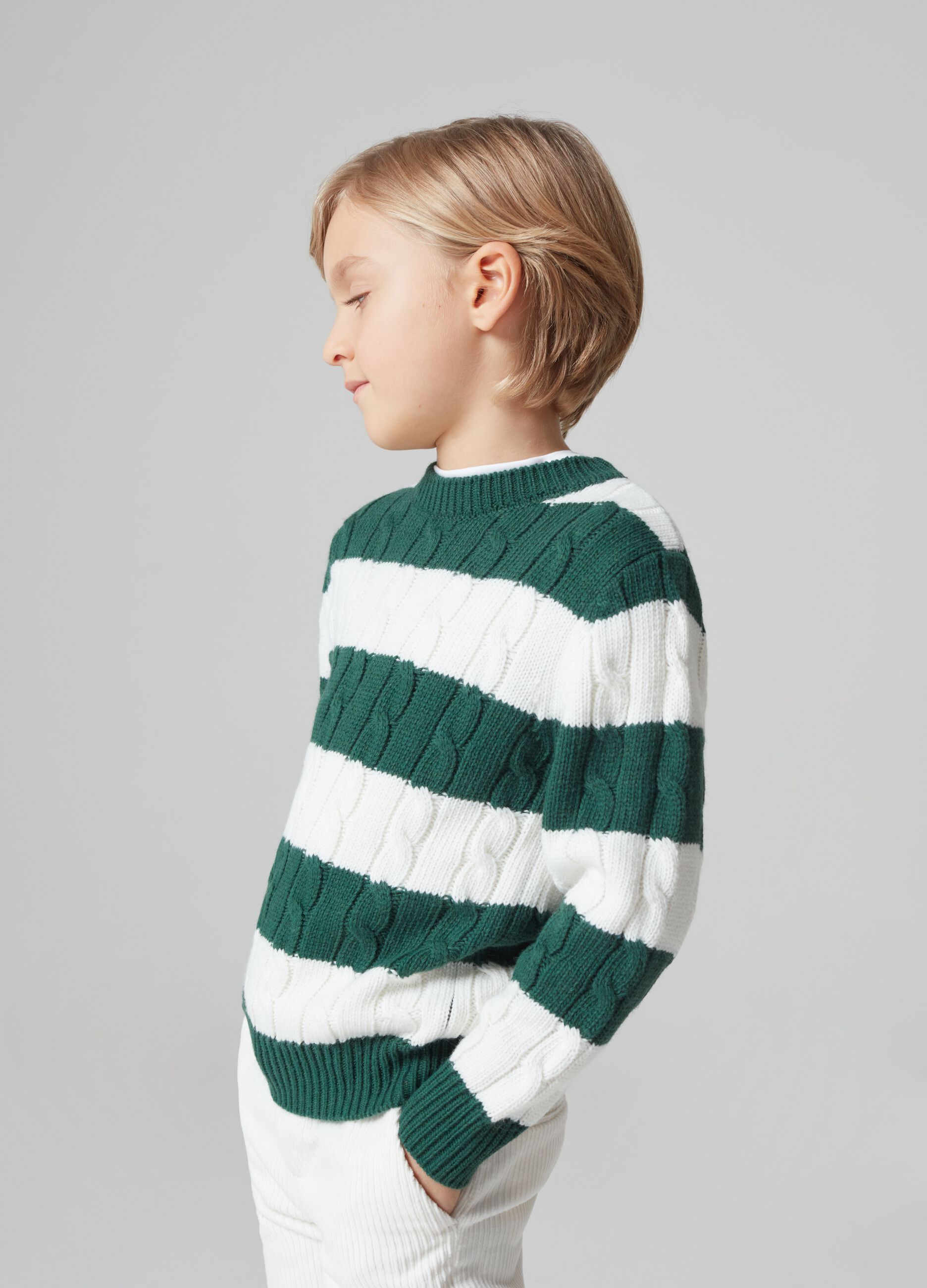 Striped pullover with cable-knit design