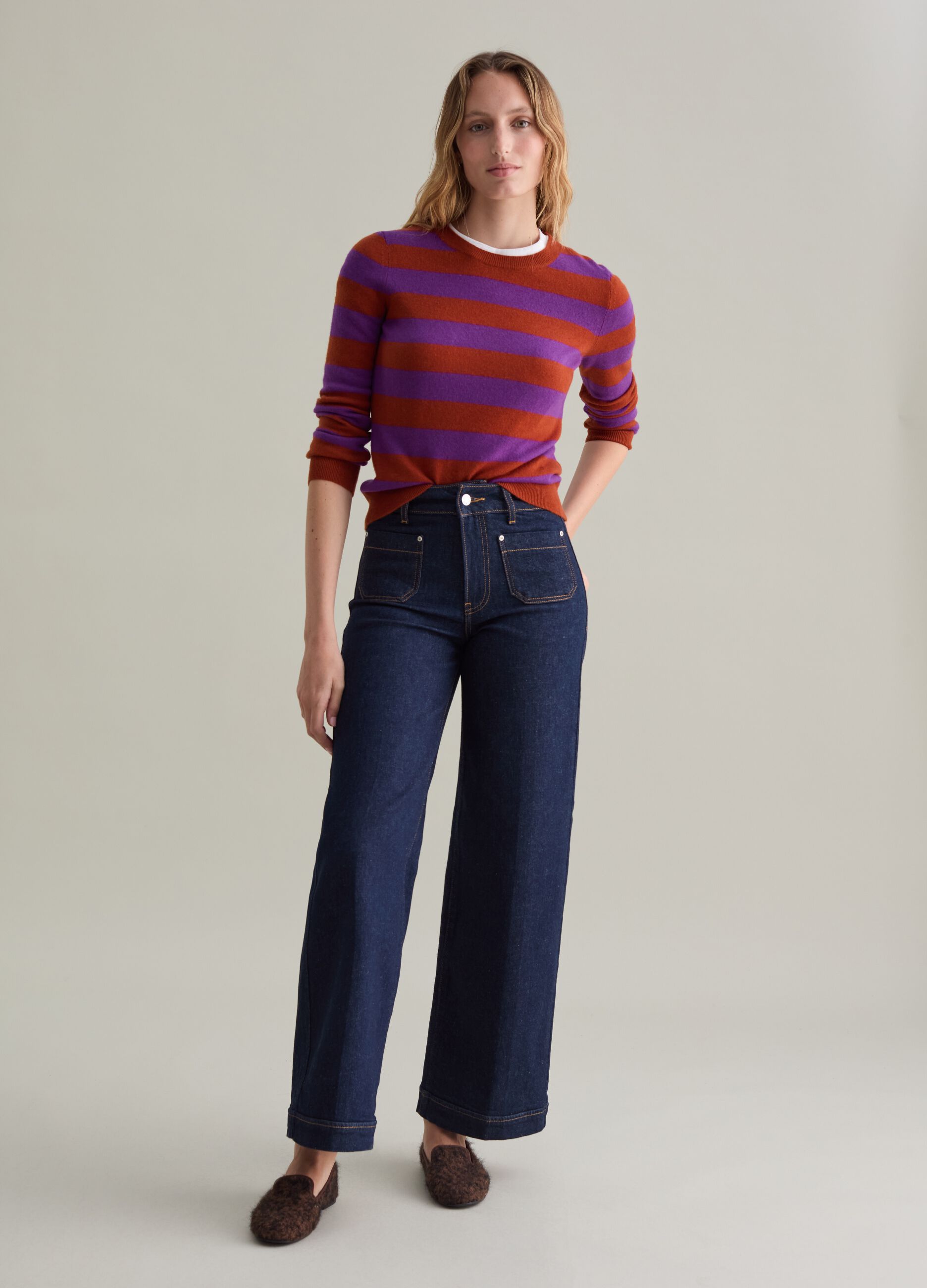 Pullover with round neck in striped wool