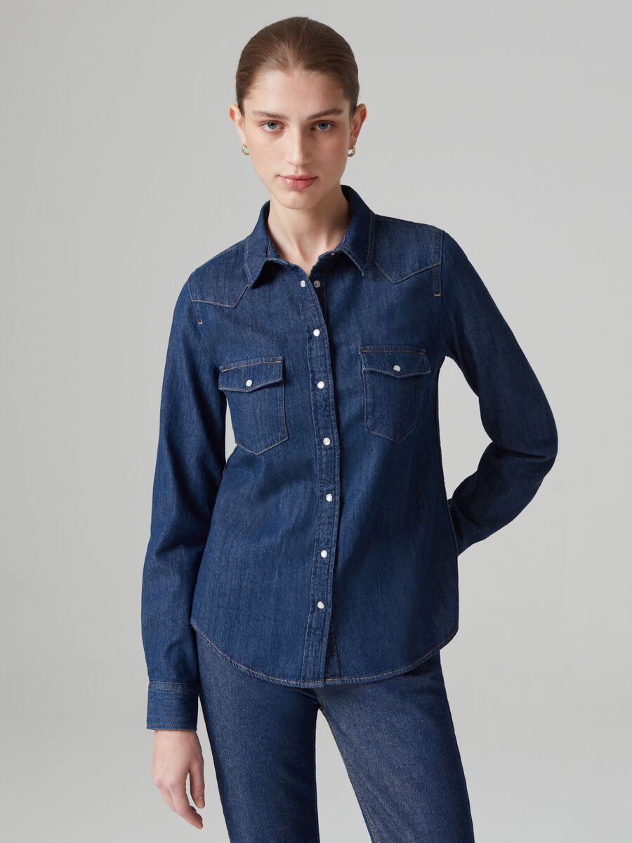 Denim western shirt with pearl buttons_1