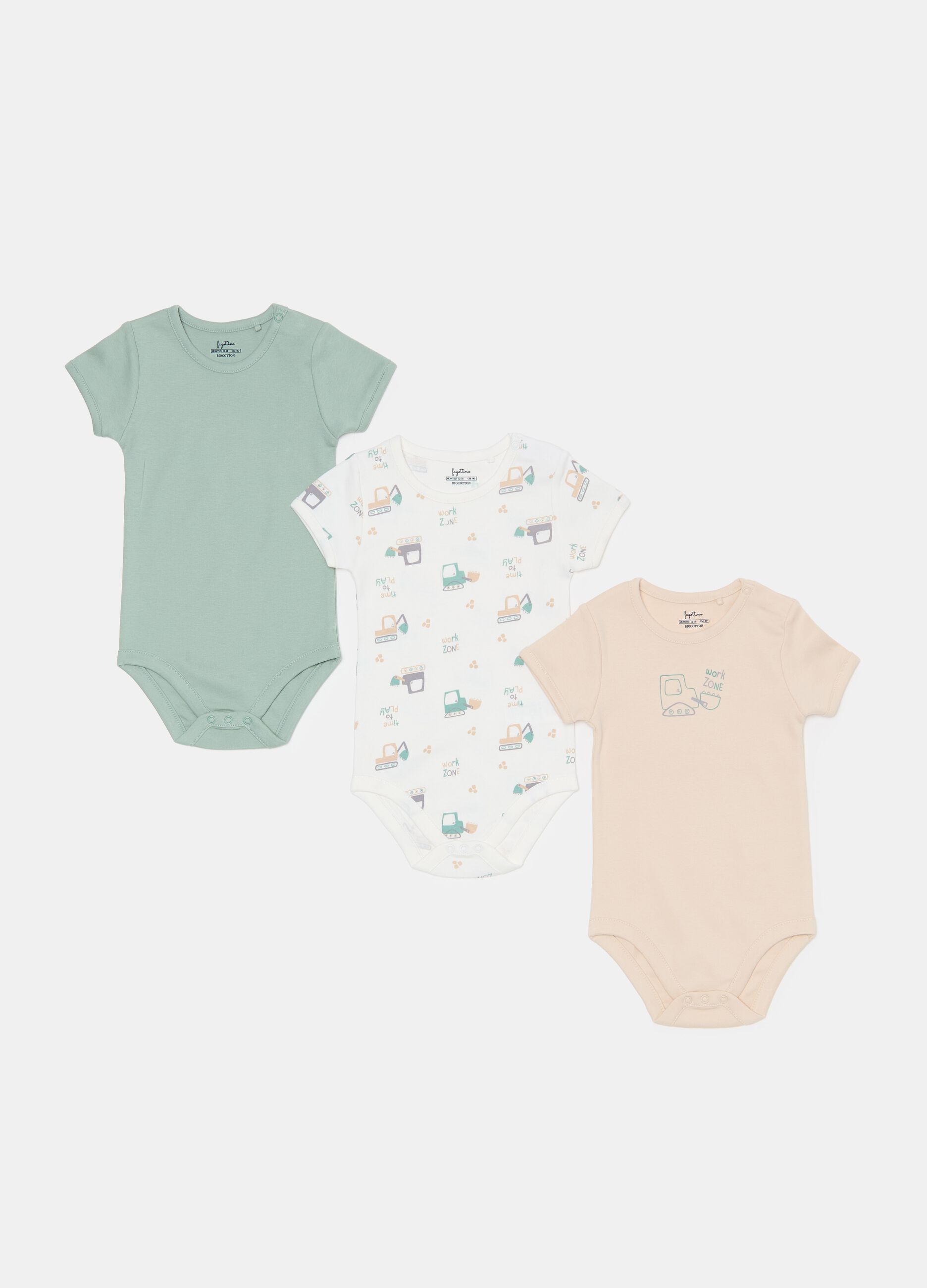 Three-pack bodysuits in organic cotton with excavator print