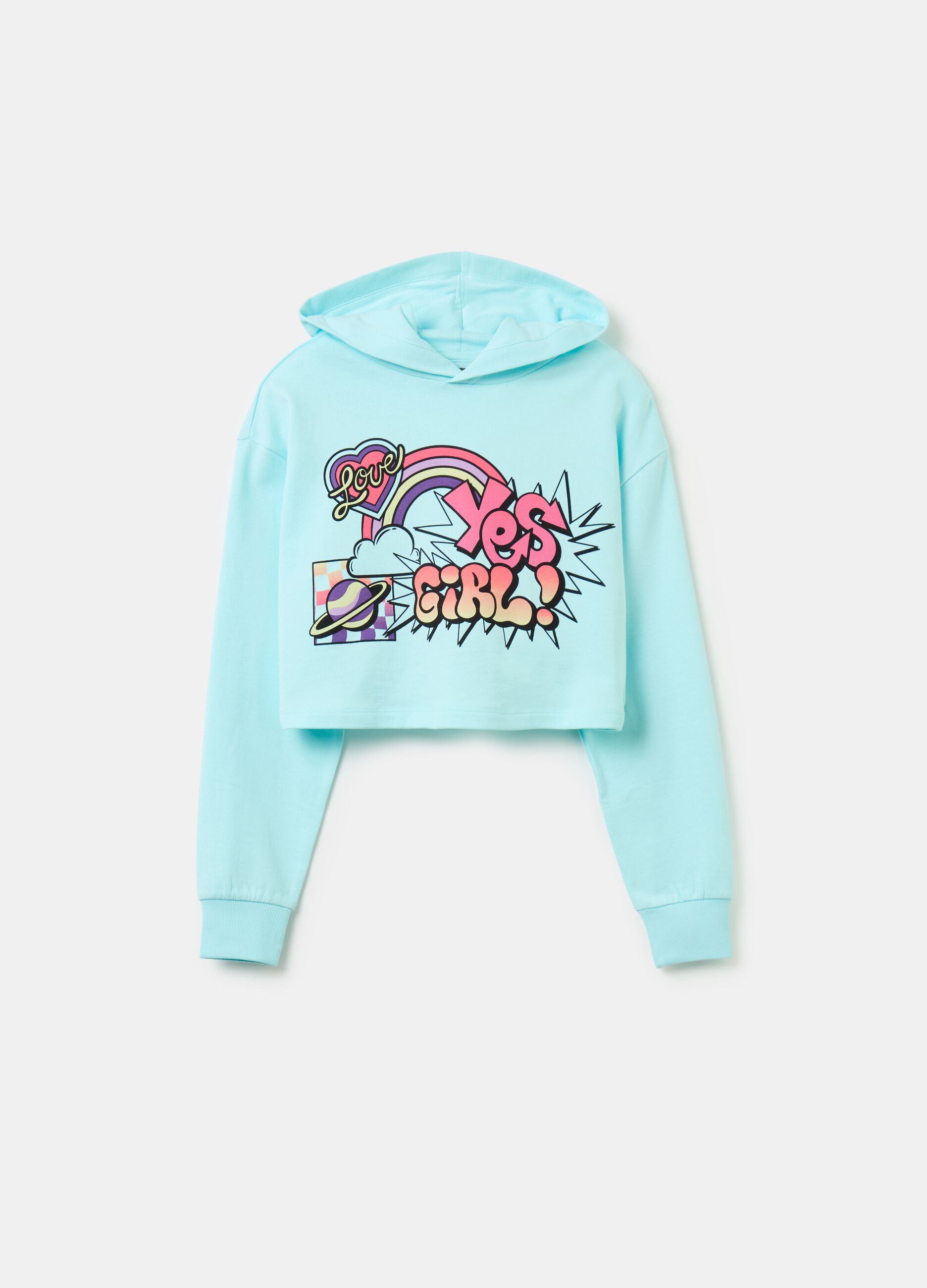 Crop sweatshirt with hood and print