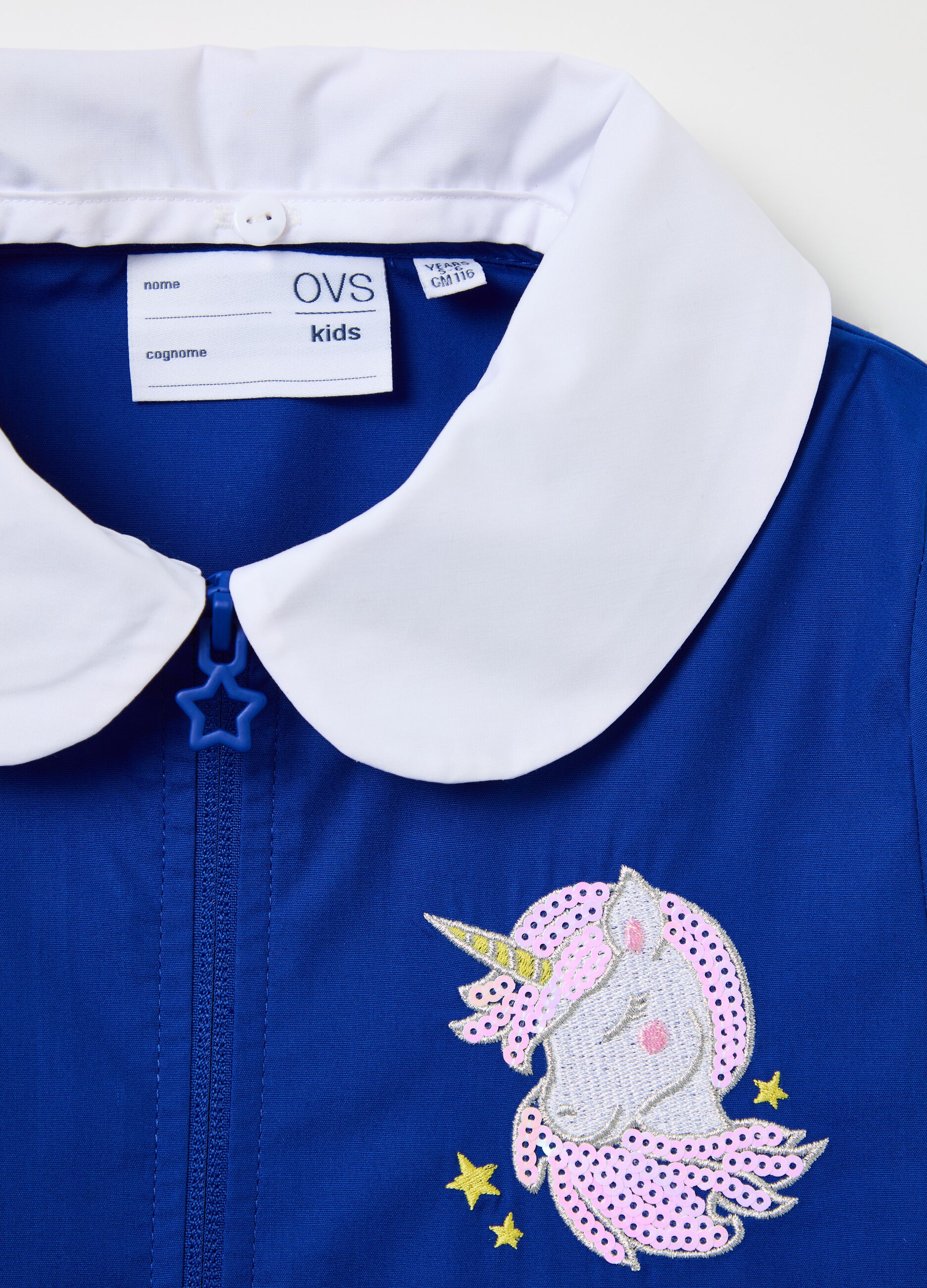 School smock with embroidered unicorn and zip