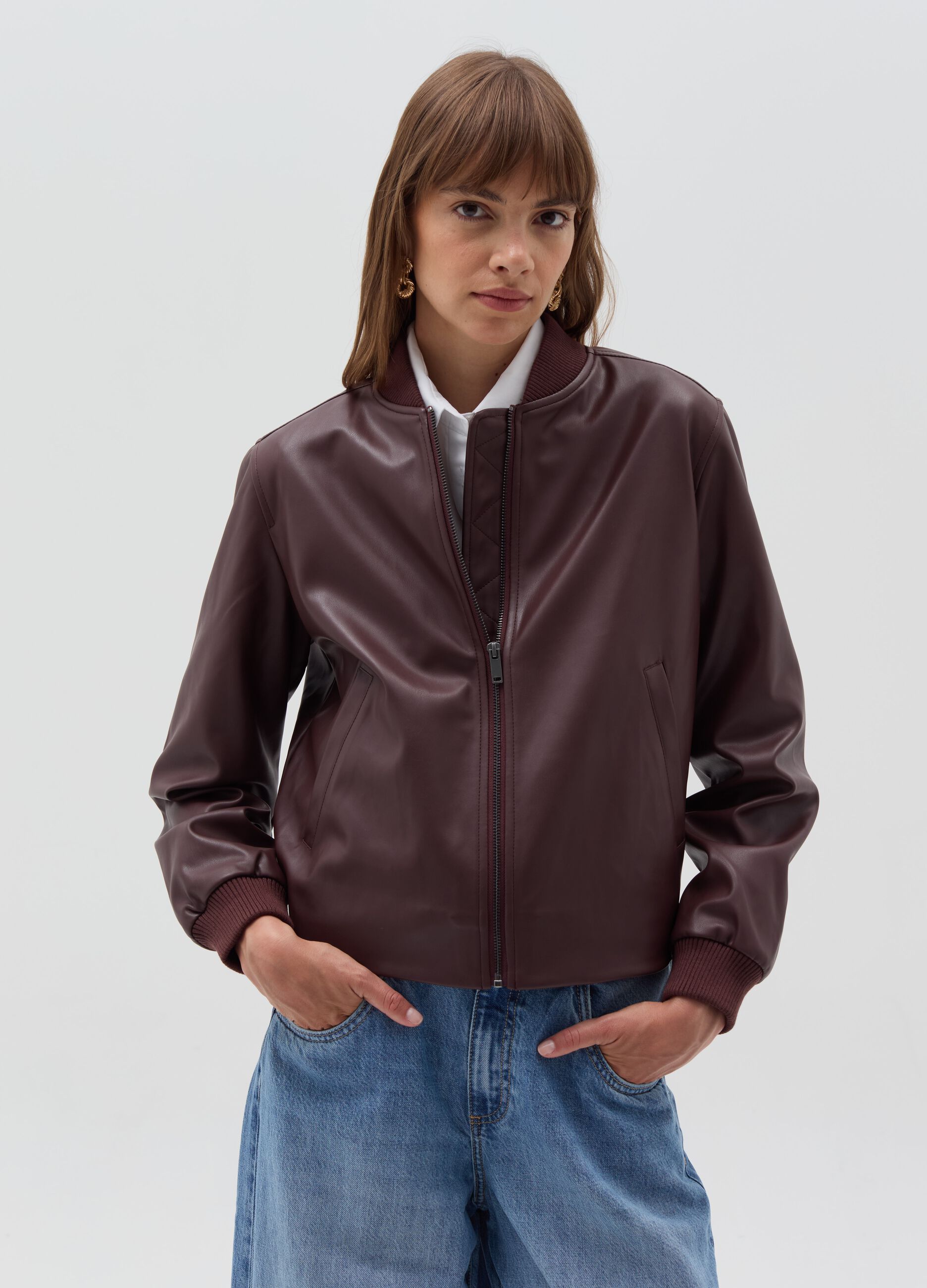 Glossy-effect bomber jacket with zip