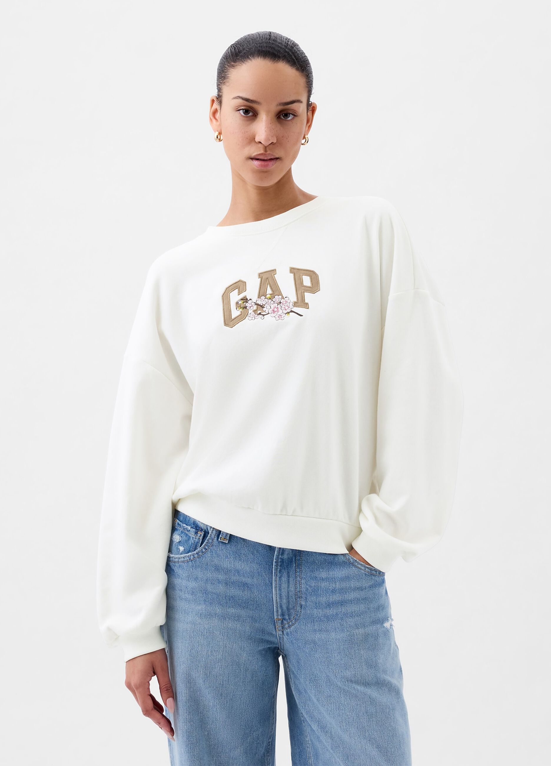 Oversized sweatshirt with logo embroidery with cherry blossom