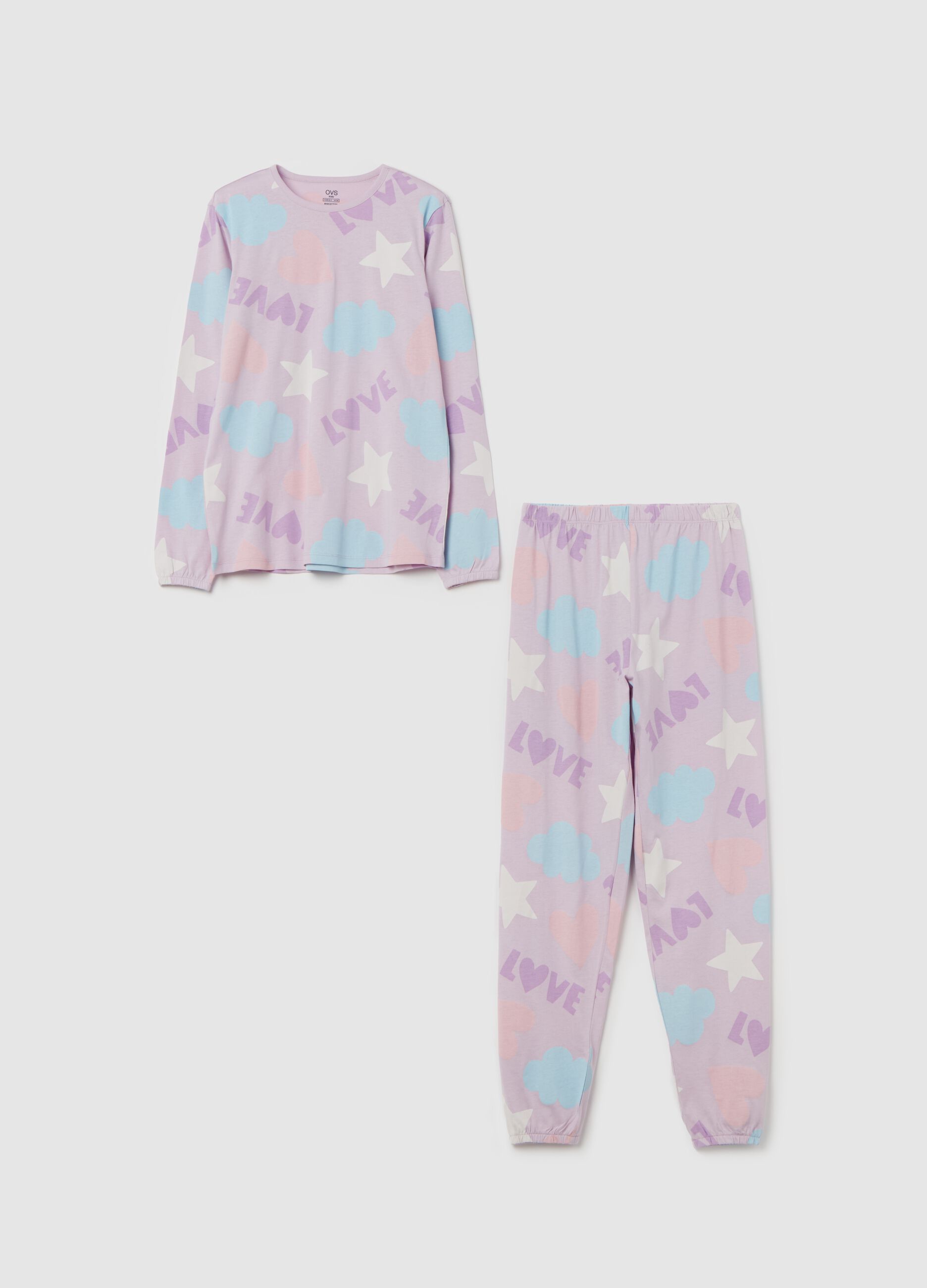 Organic cotton pyjamas with "LOVE" stars and clouds print