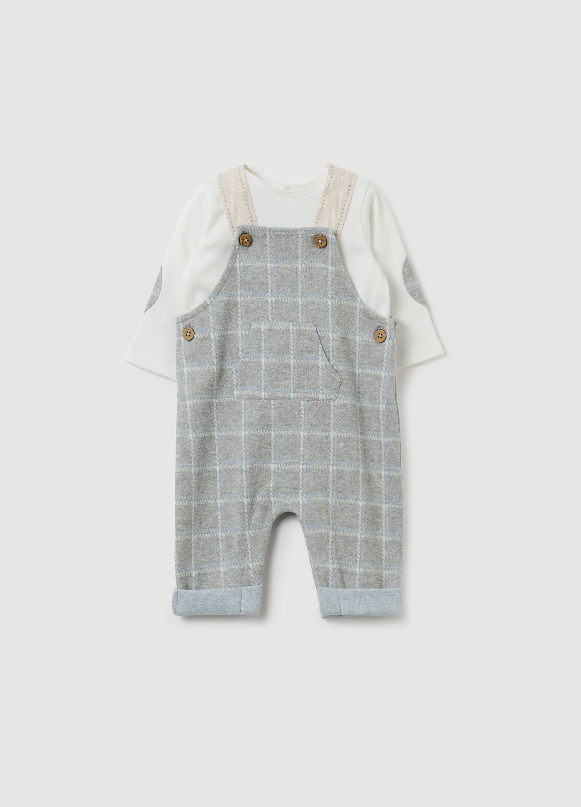 T-shirt and dungarees set with check print