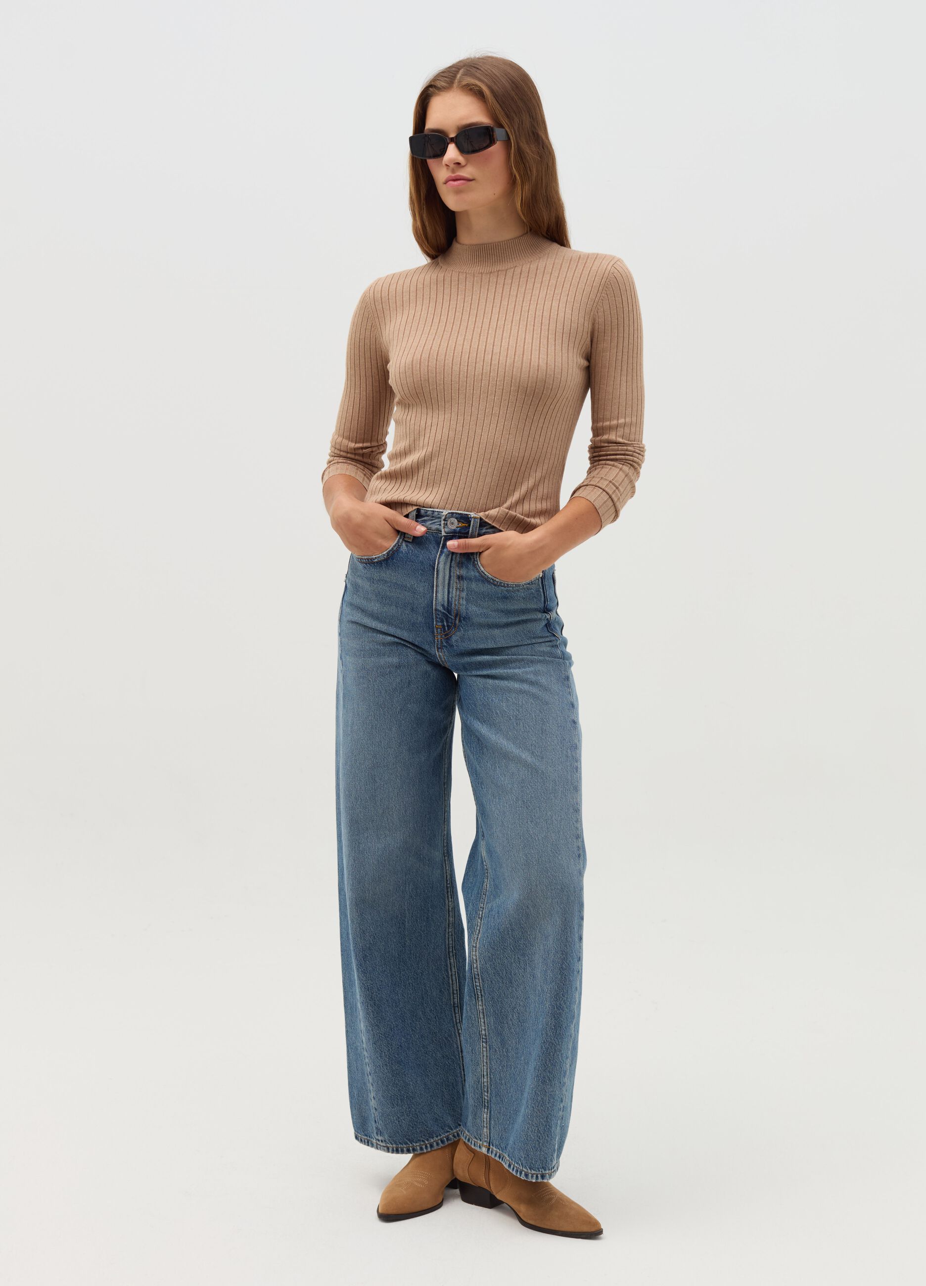 Ribbed knit pullover with mock neck