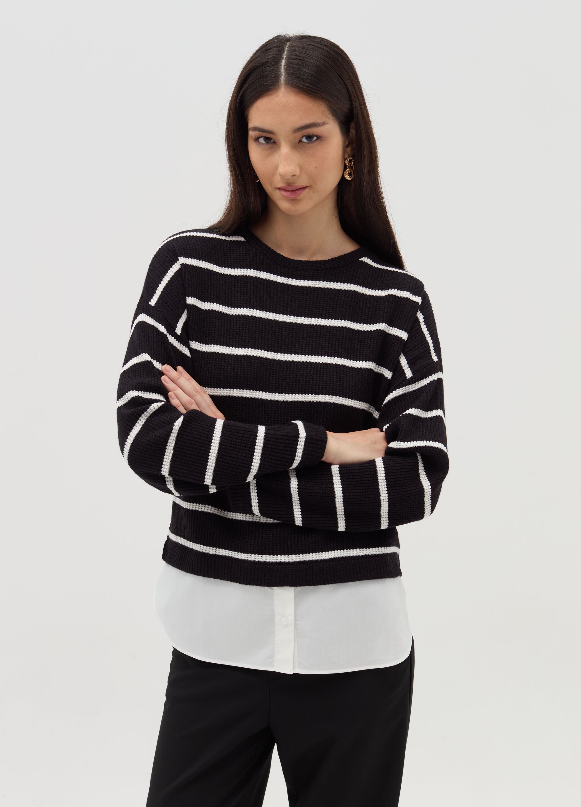 Long-sleeved T-shirt with micro waffle weave