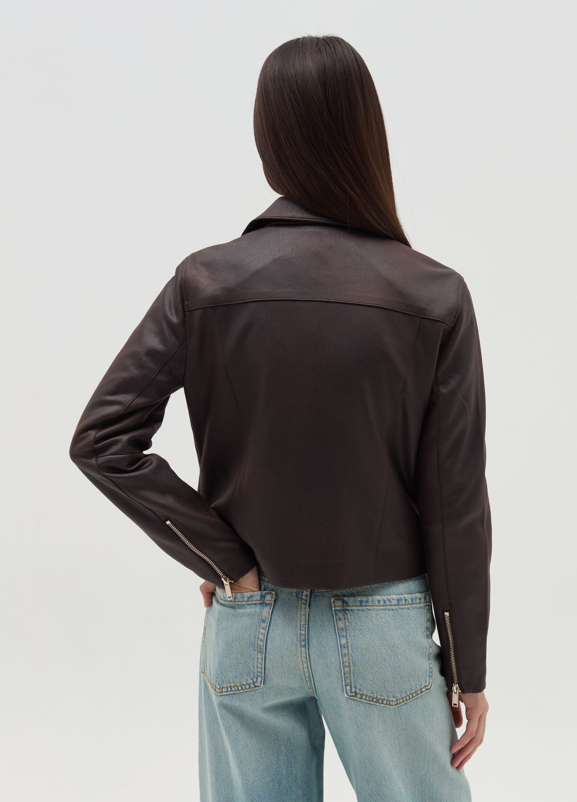 Glossy-effect biker jacket with zip