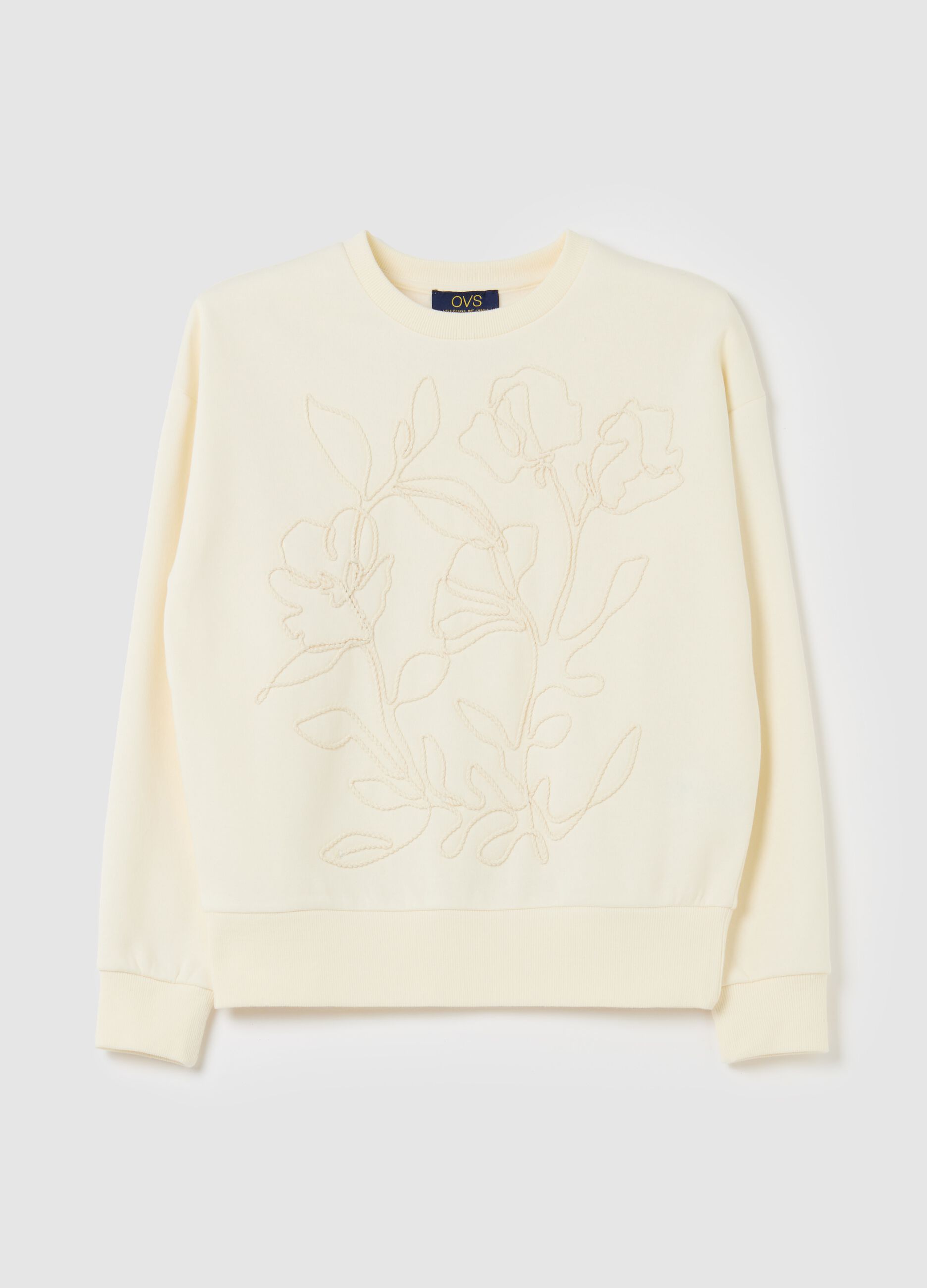 Sweatshirt with floral embroidery and round neck