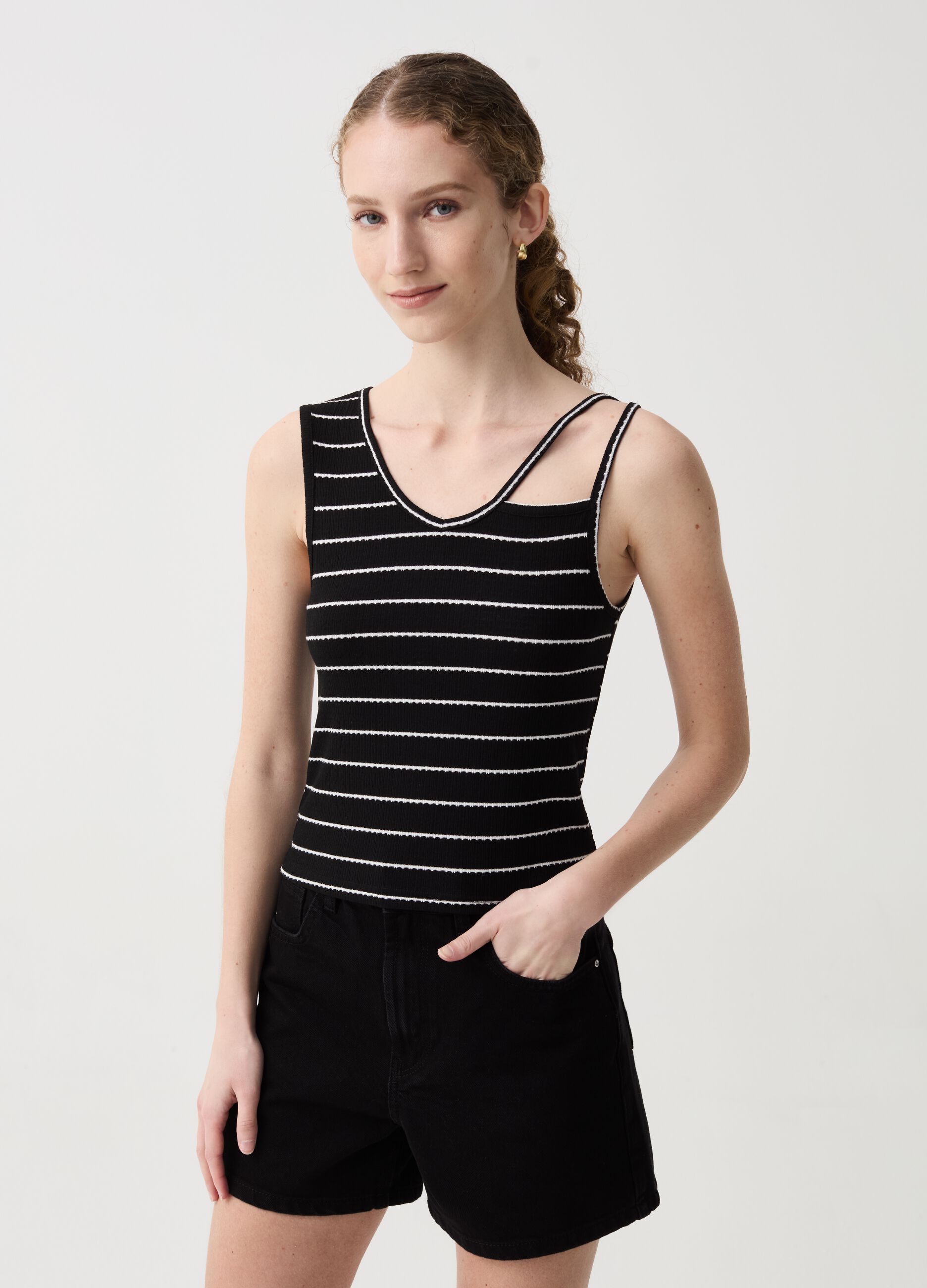 Striped tank top with cut-out detailing