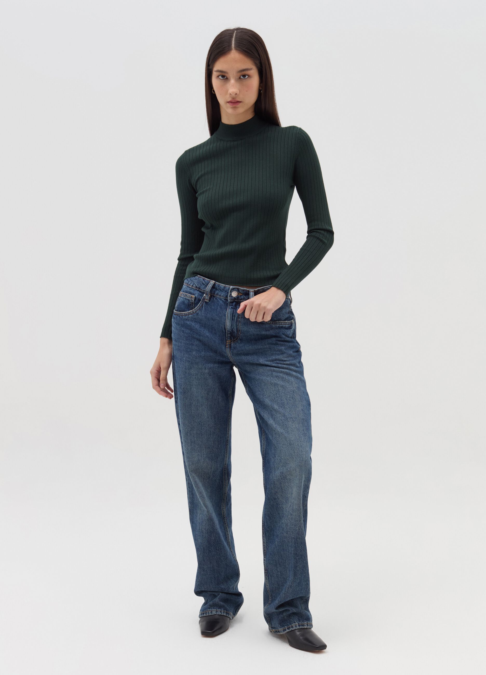 Flat ribbed top with mock neck