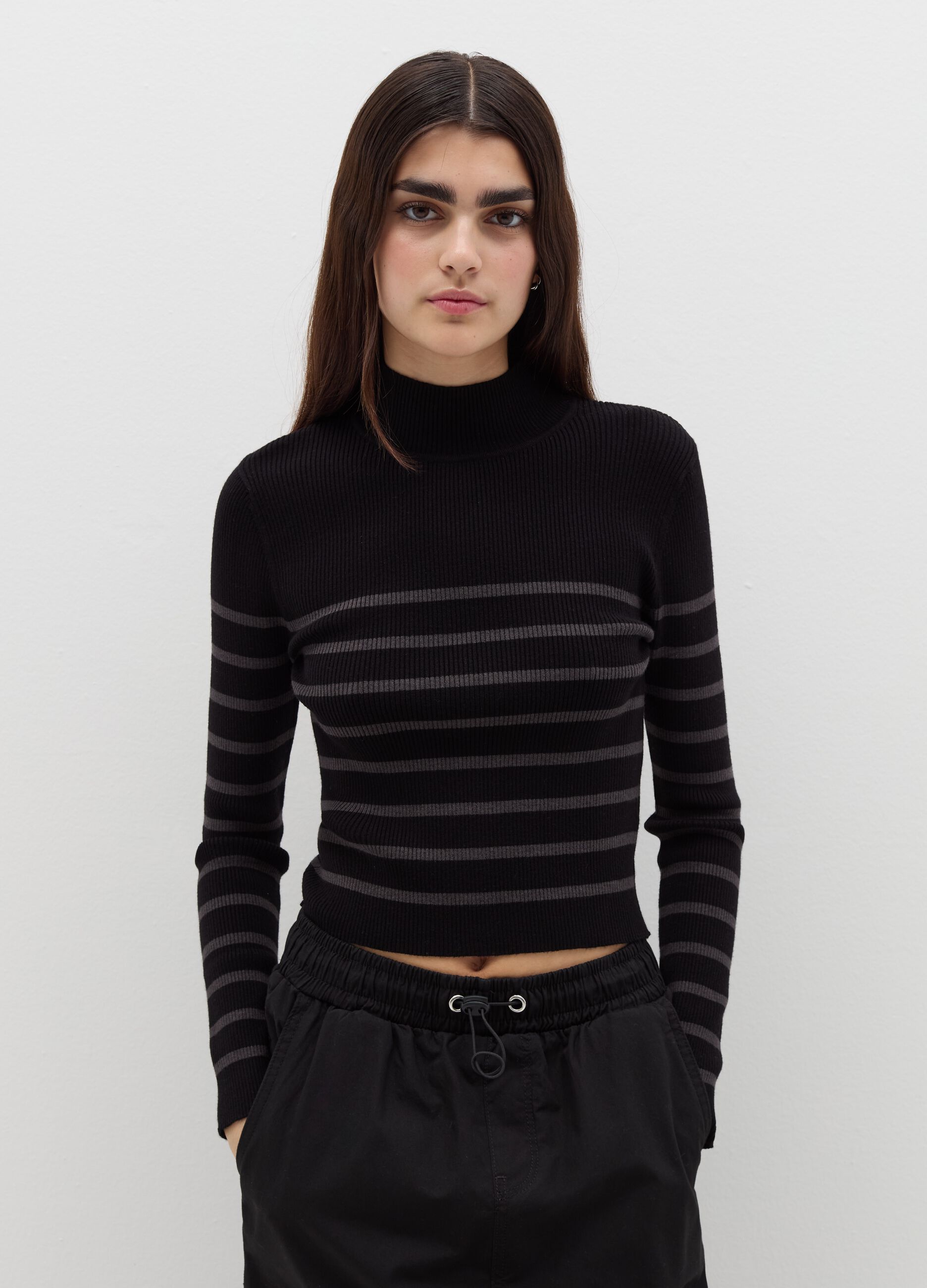 Pullover with striped mock neck