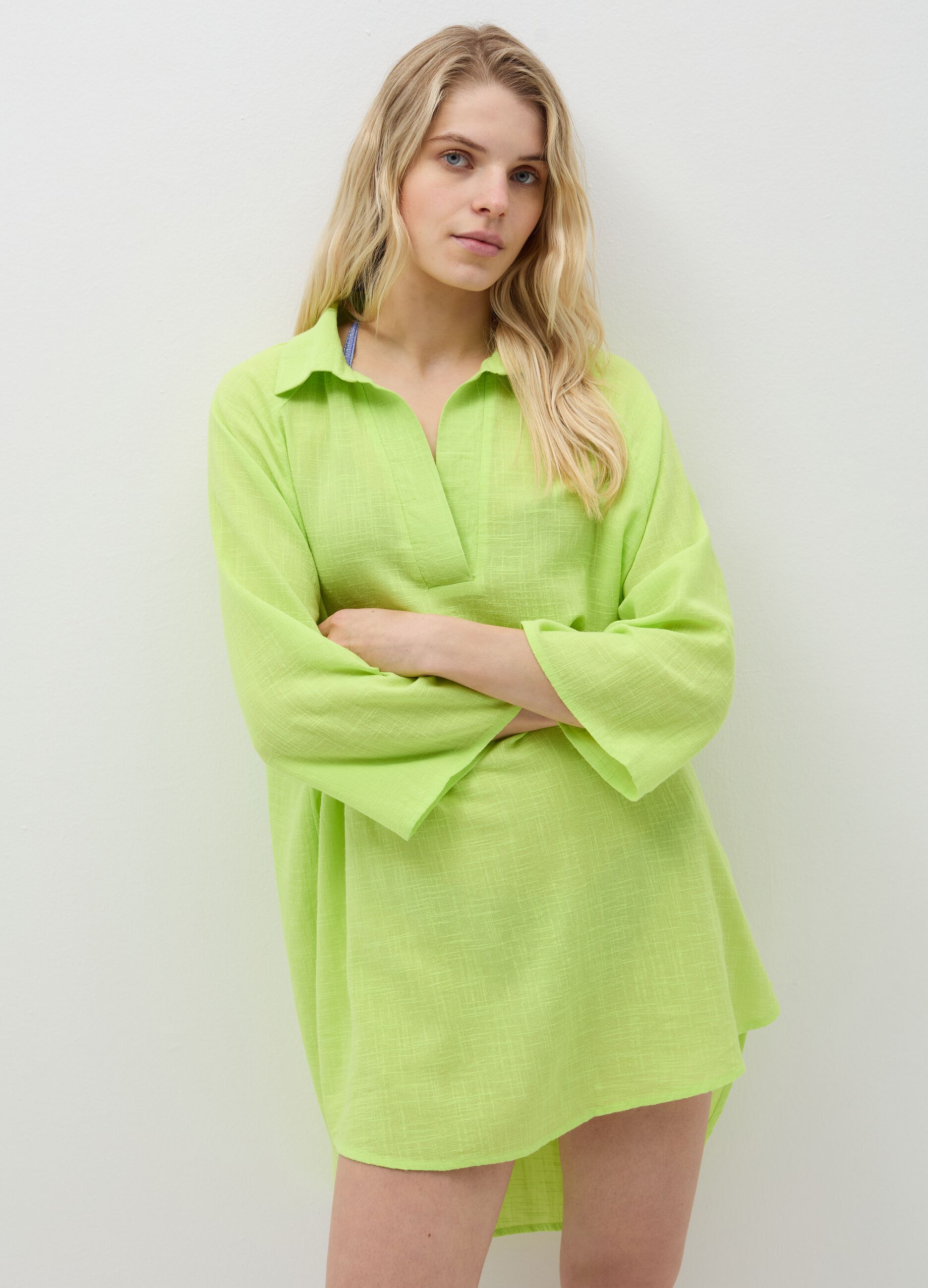 Long beach cover-up blouse with polo neck