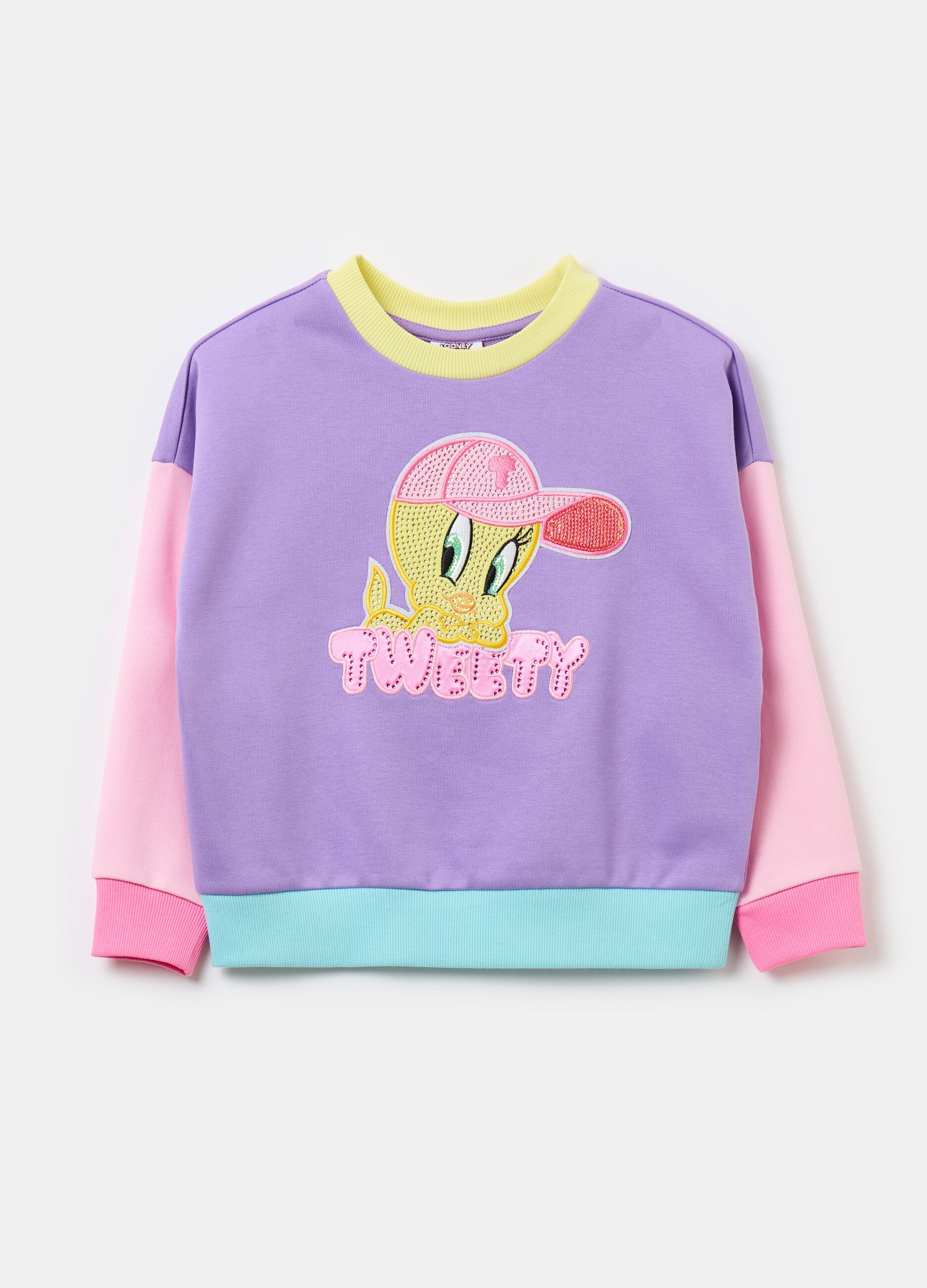 Colourblock sweatshirt with Tweetie Pie patch and diamantés