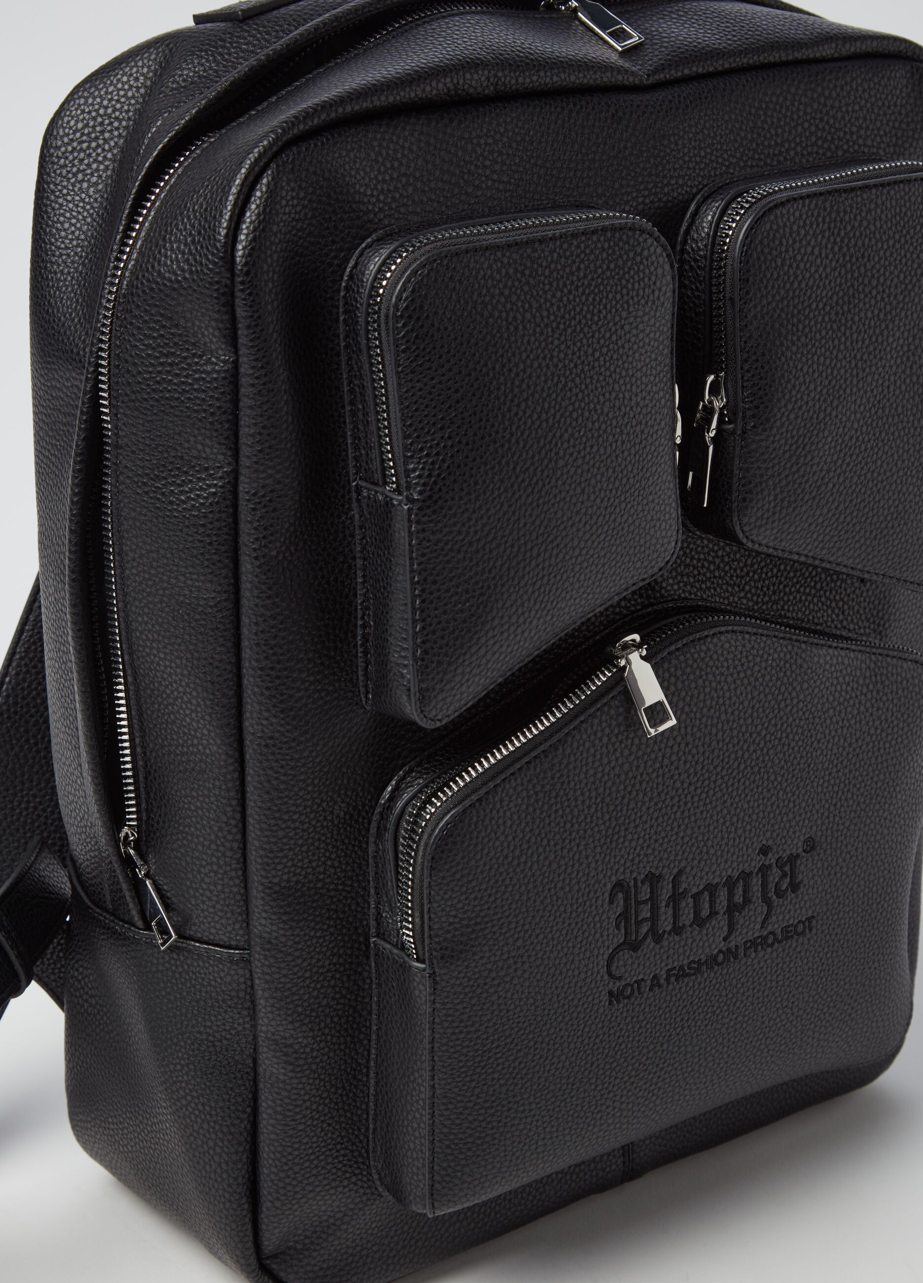 Textured black backpack with logo