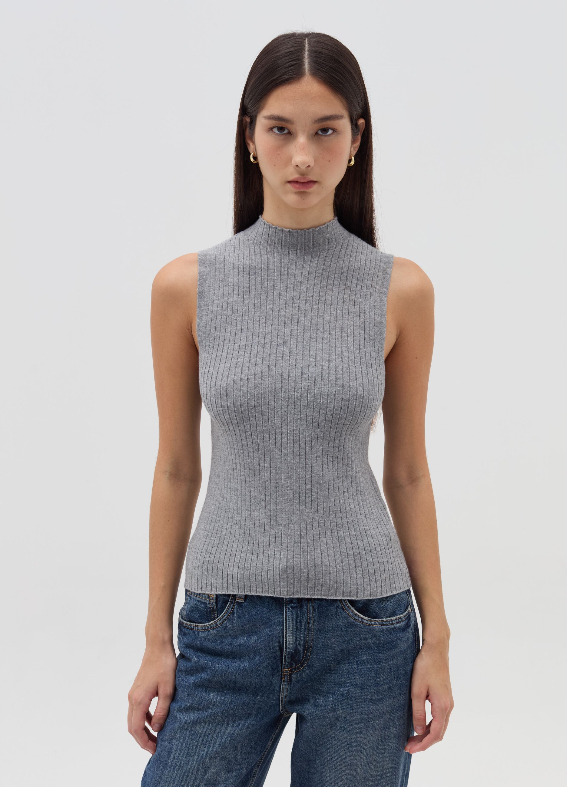 Flat-rib tank top with mock neck