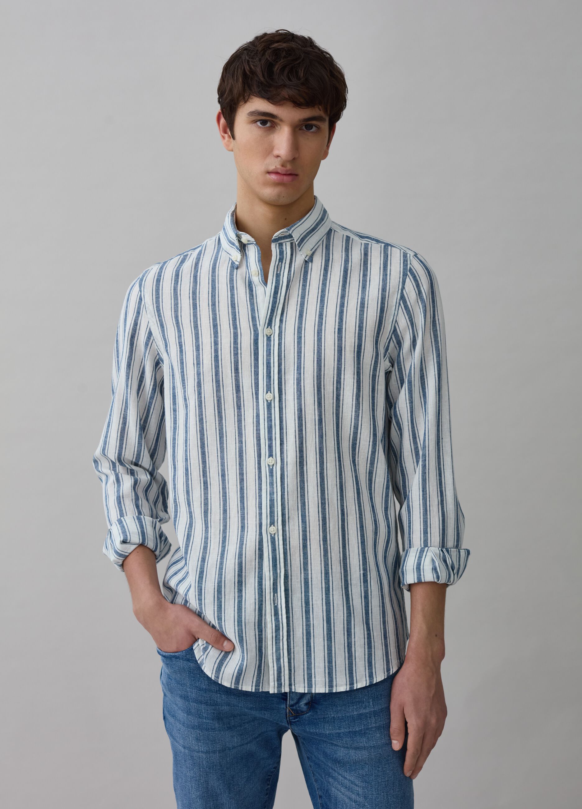 Ovs Camicia regular fit in lino e cotone a righe