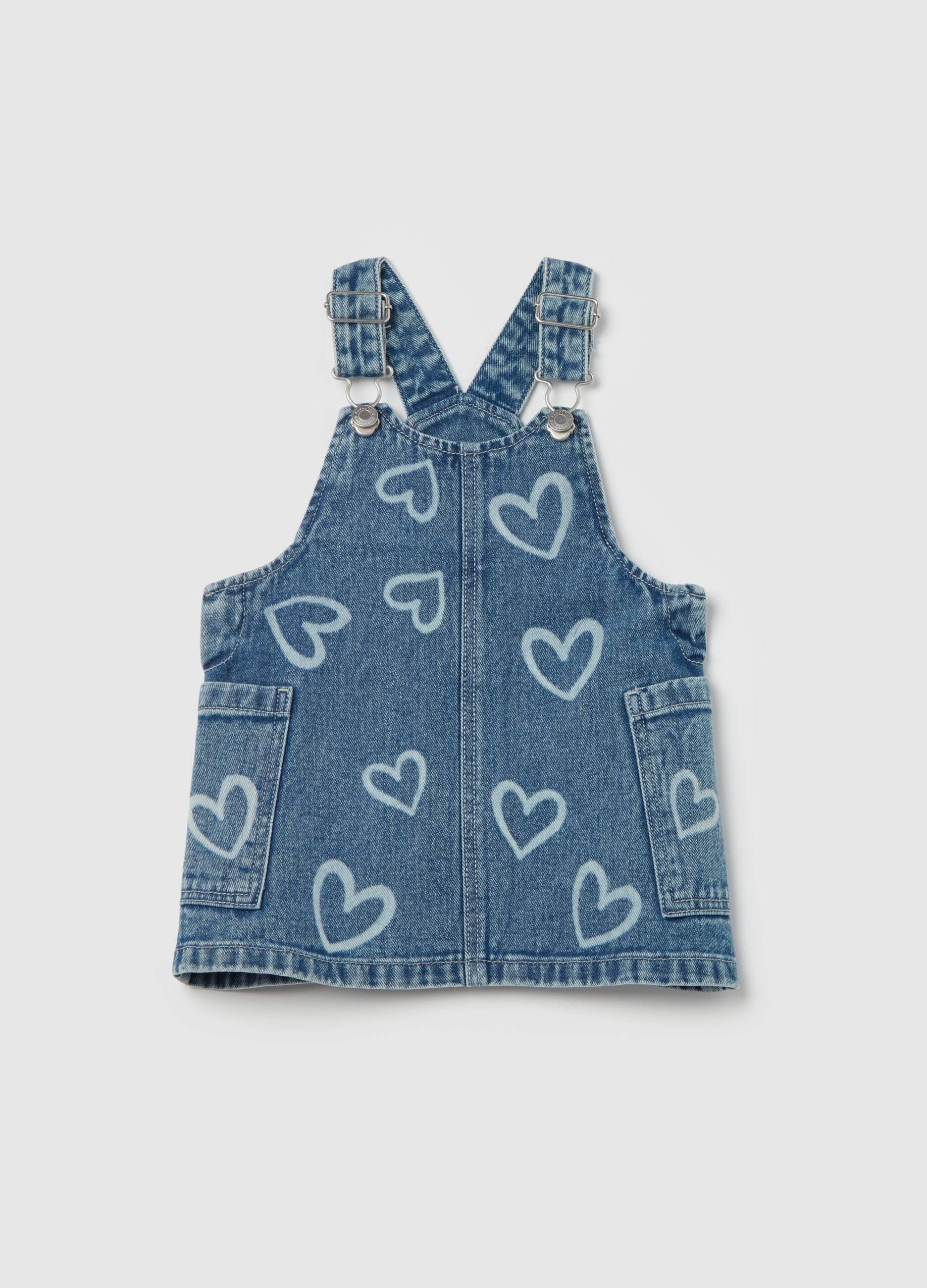 Denim pinafore with hearts print