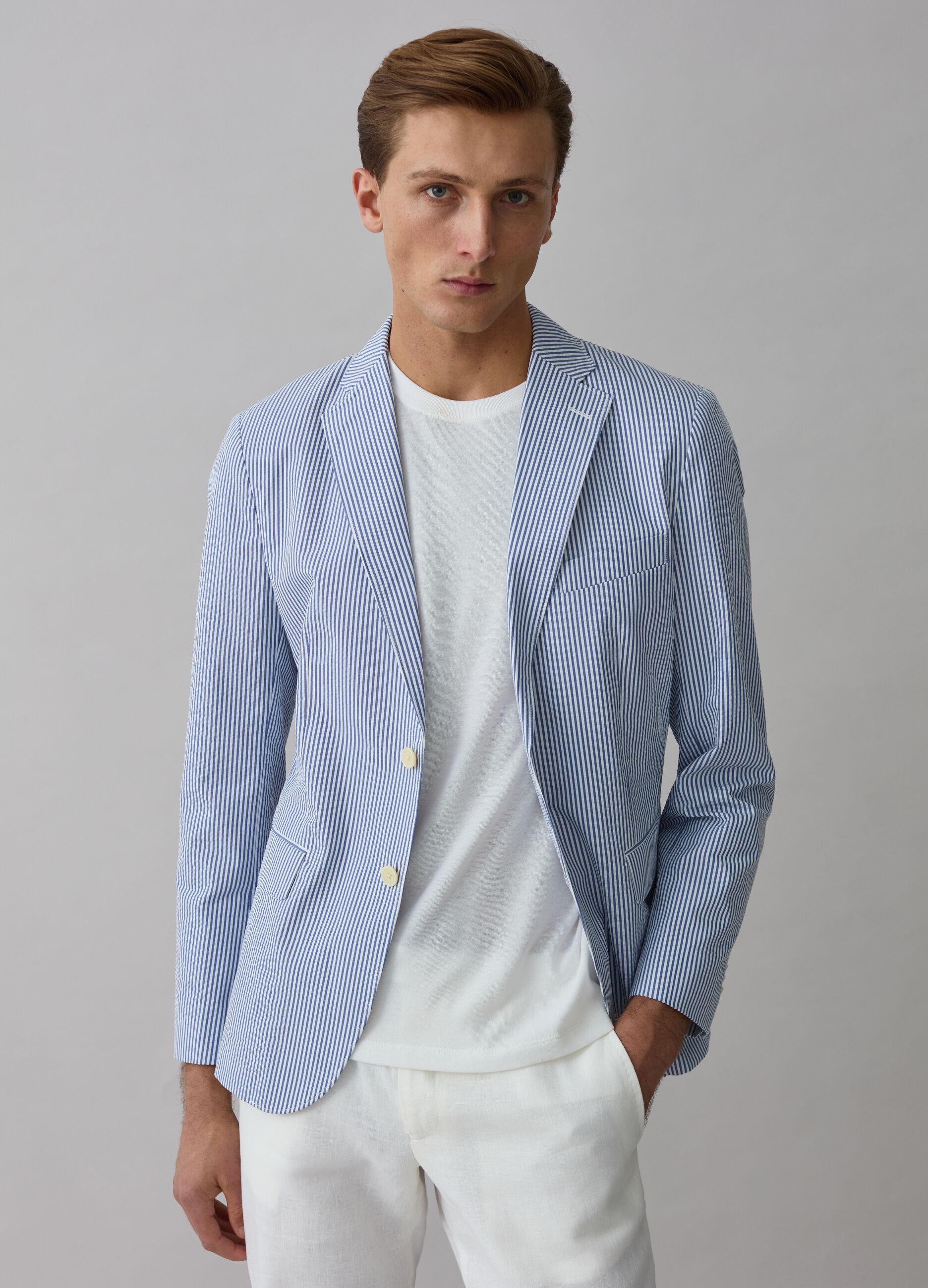 Ovs Blazer slim fit a righe in misto cotone