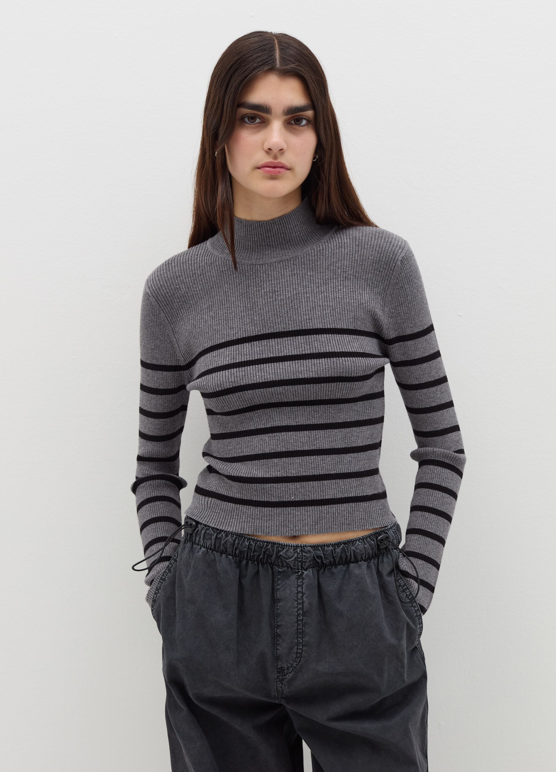 Pullover with striped mock neck