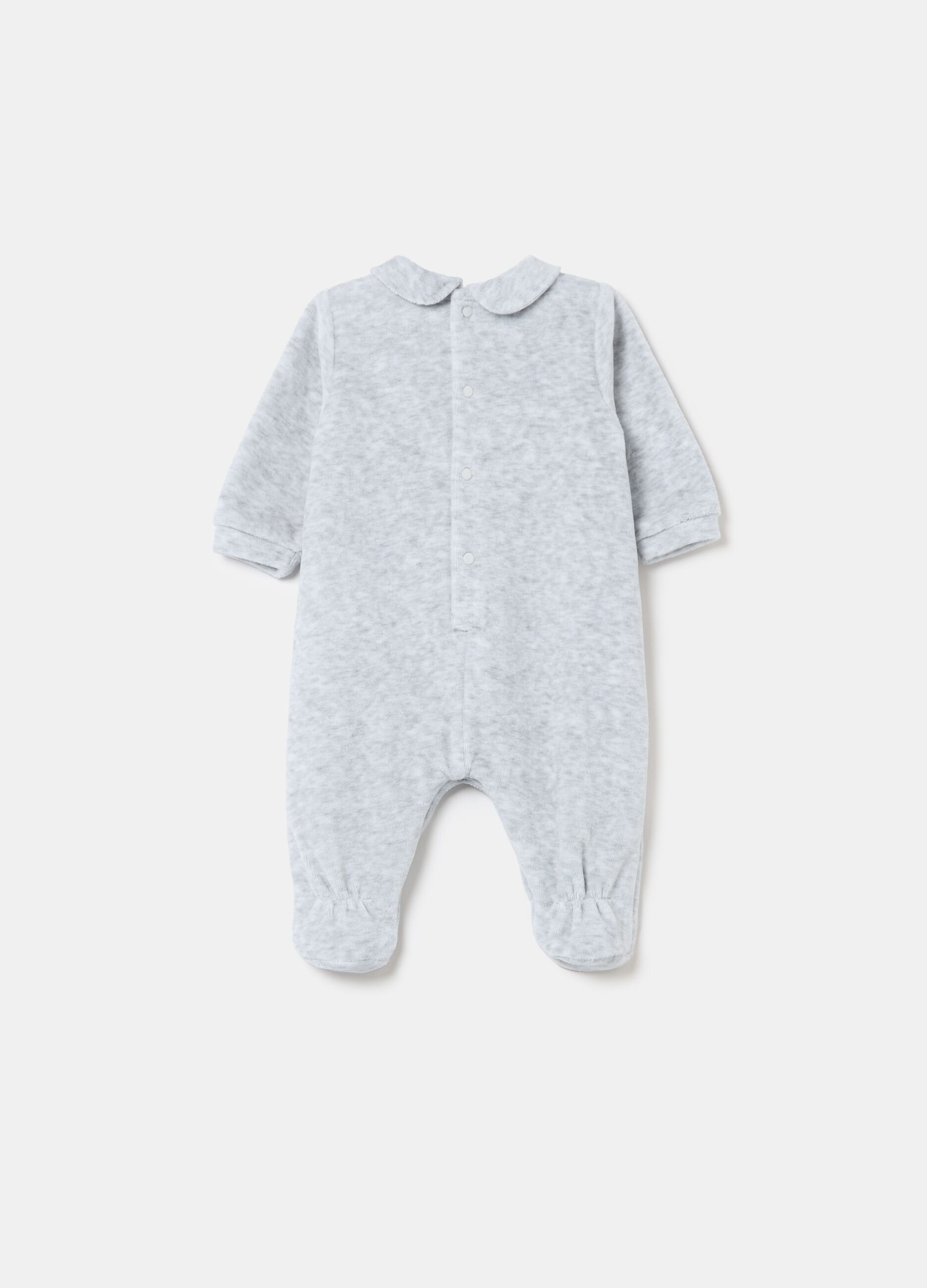 Velour onesie with feet and embroidery