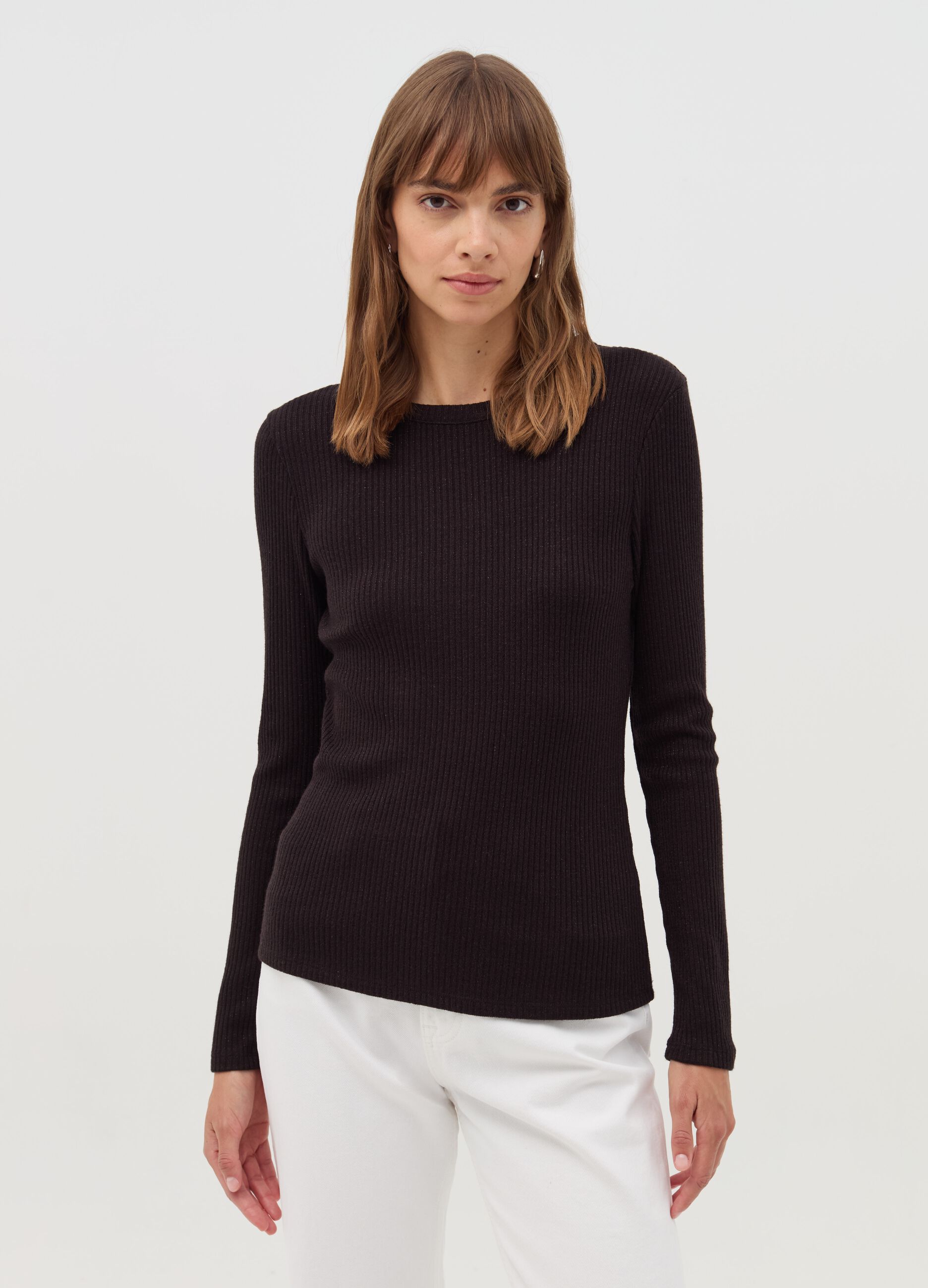 Flat-rib T-shirt with round neck and lurex