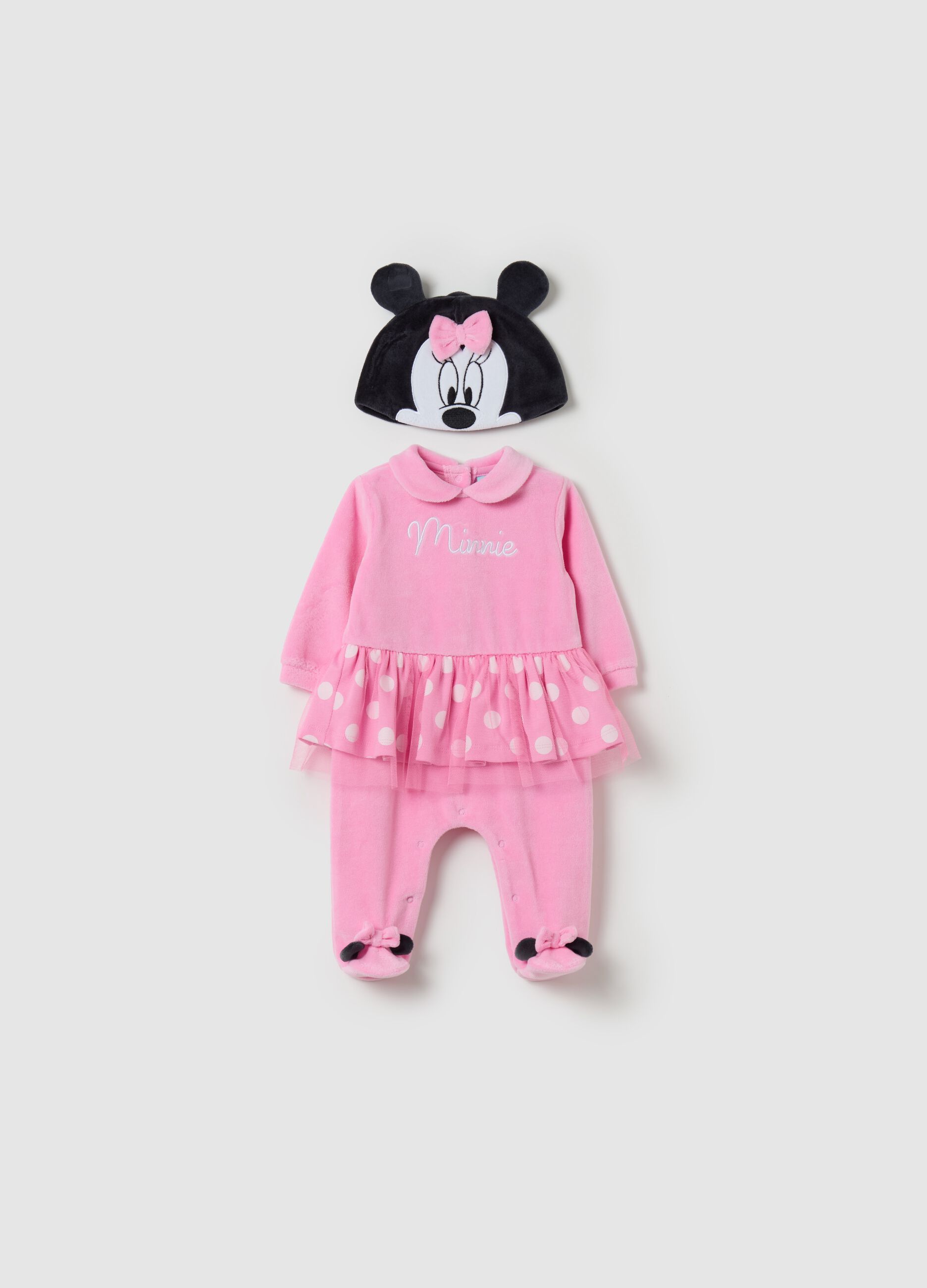 Onesie and beanie cap set with embroidered Minnie Mouse