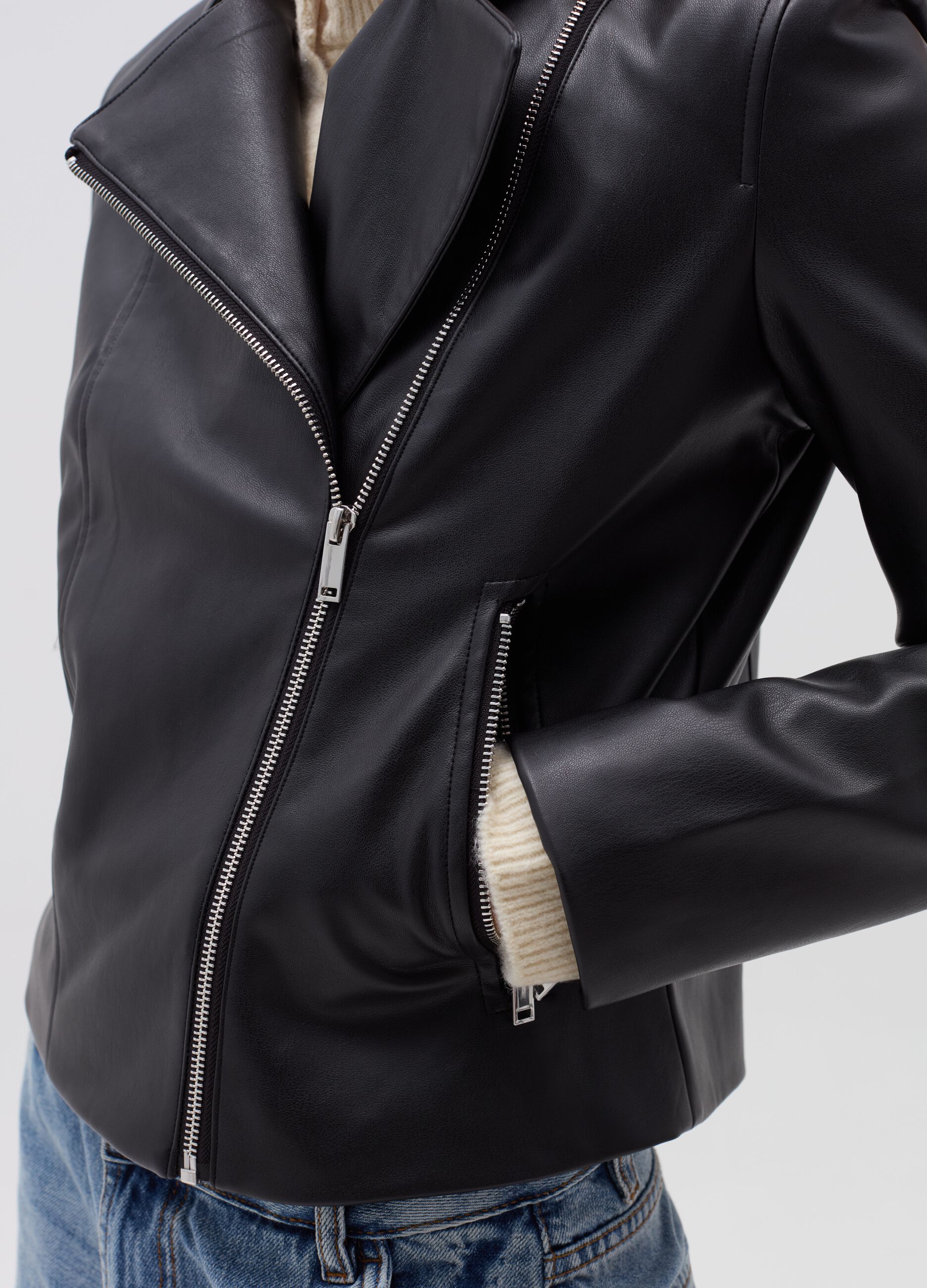 Glossy-effect biker jacket with zip