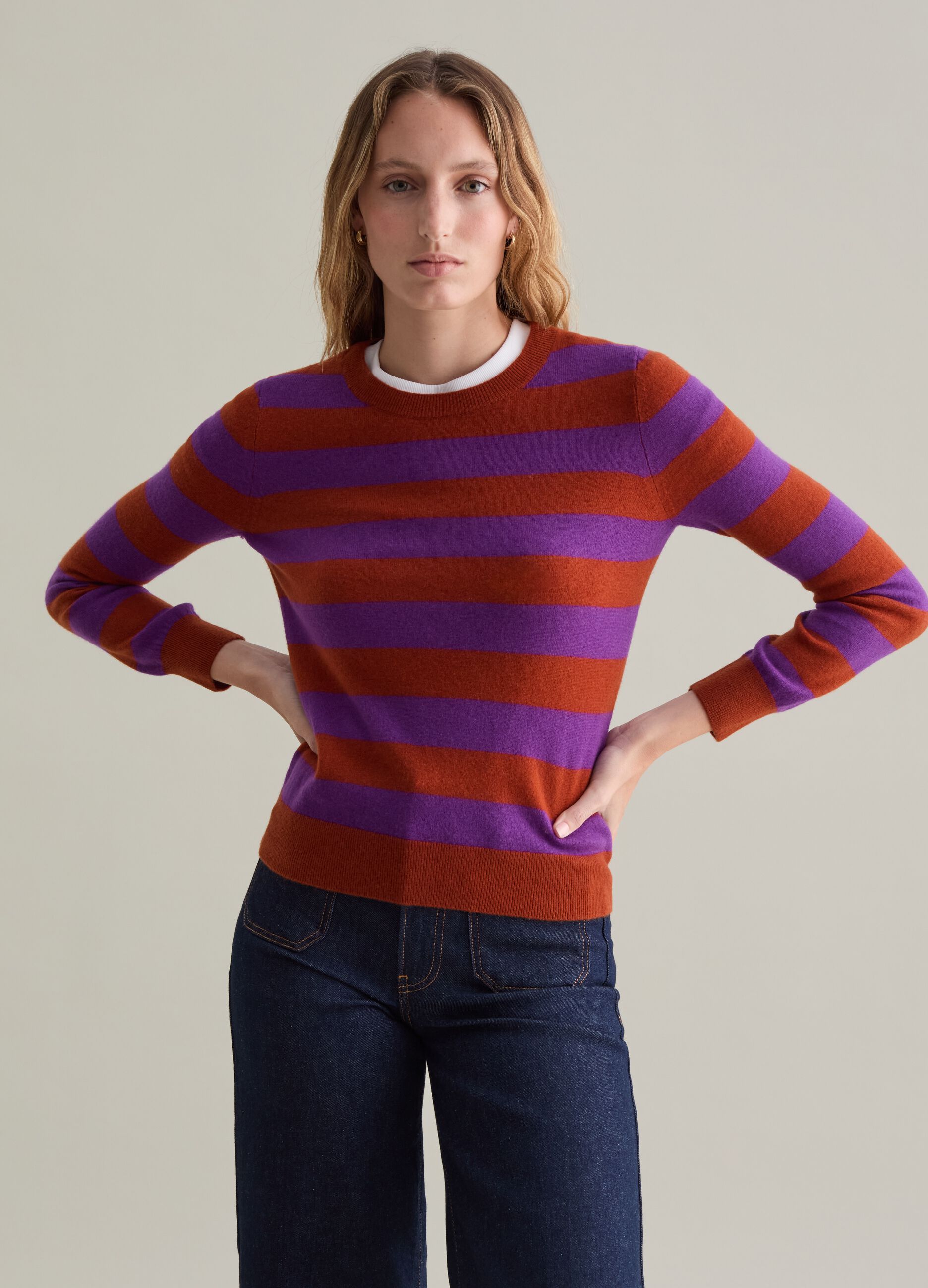 Pullover with round neck in striped wool