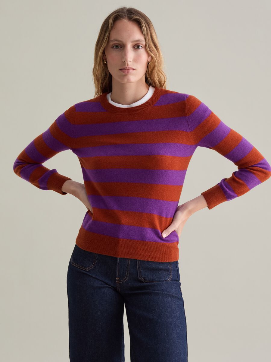 Pullover with round neck in striped wool_0