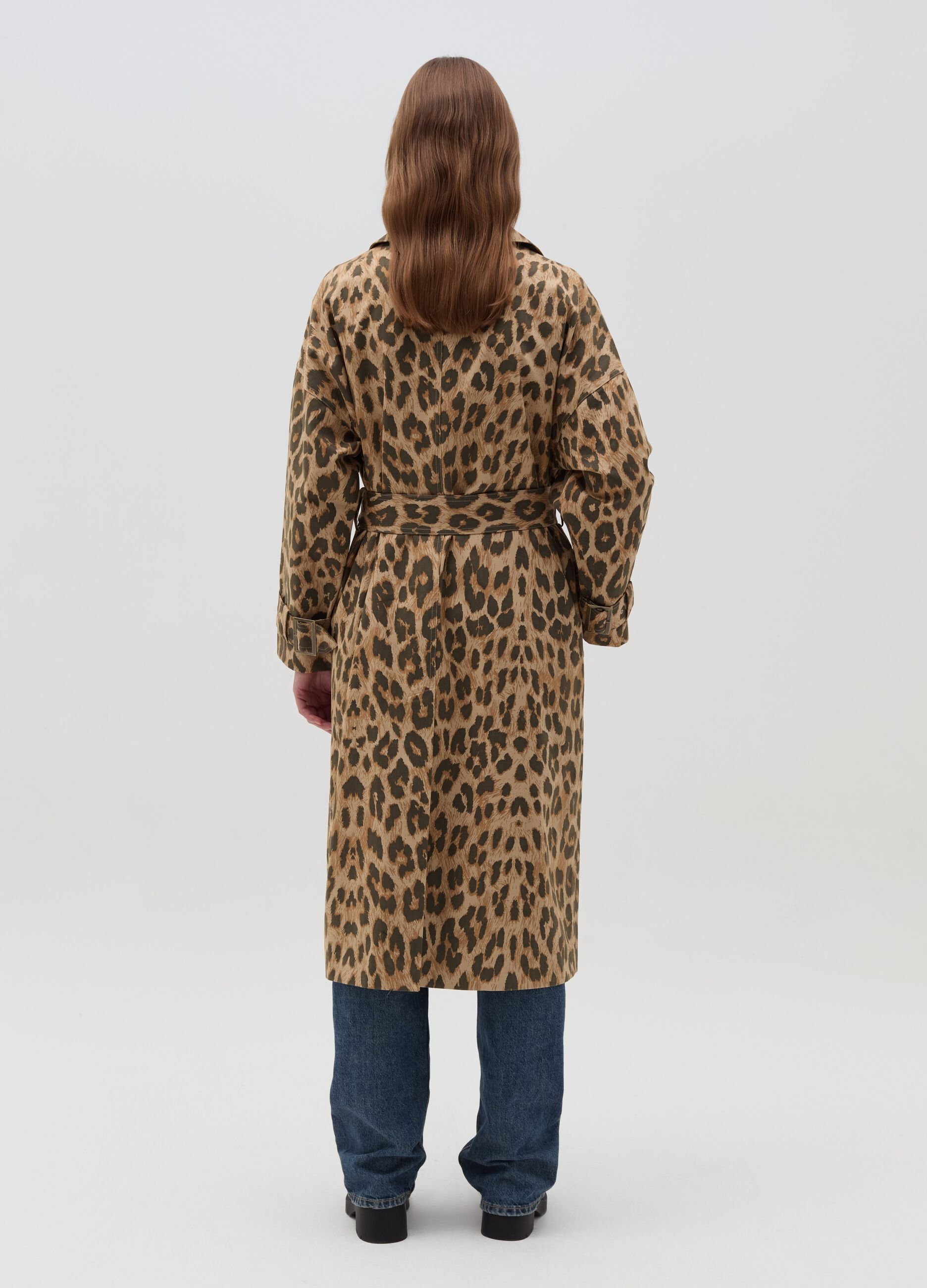 Double-breasted trench coat with animal print