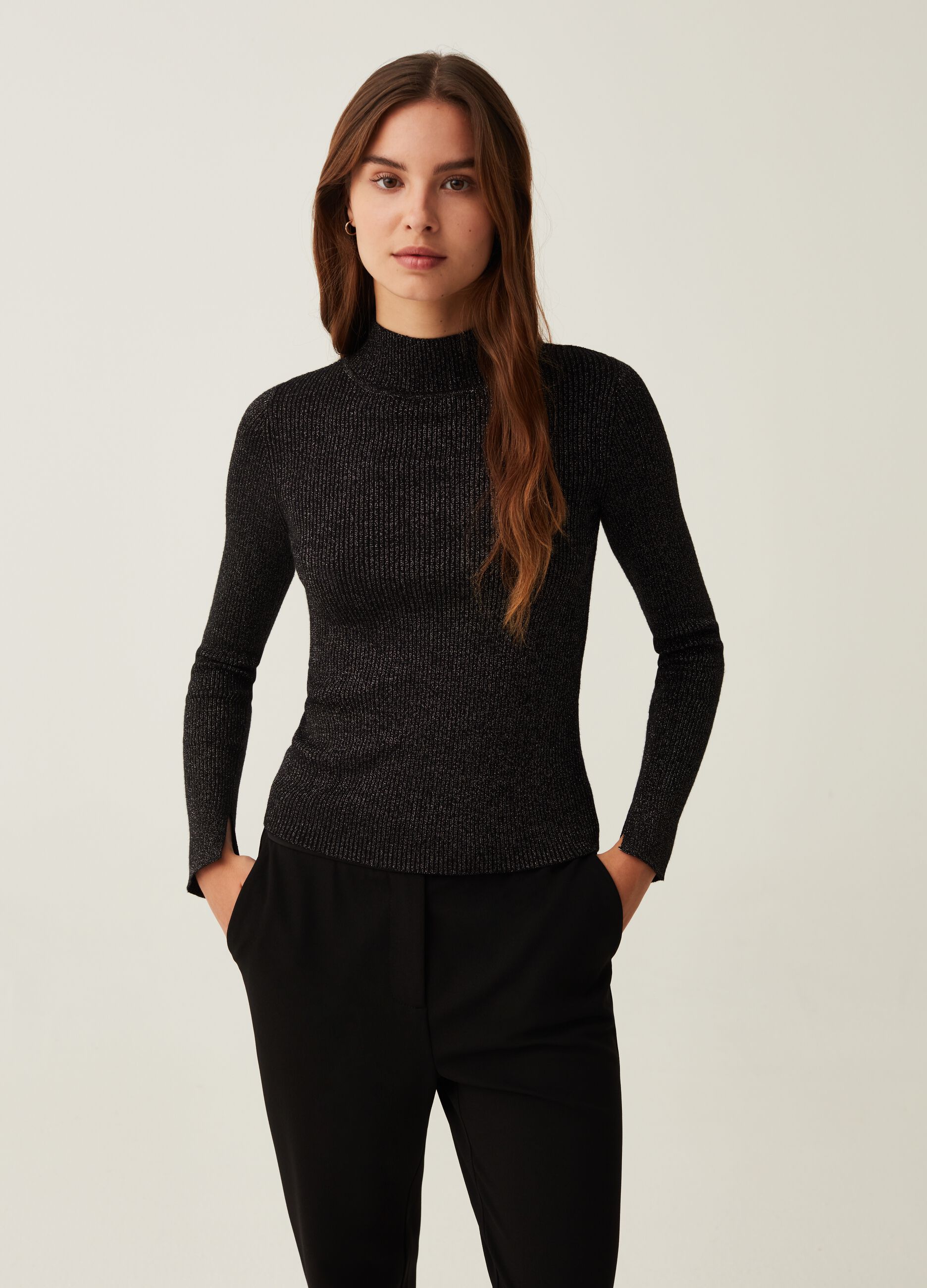 Ribbed lurex top with mock neck