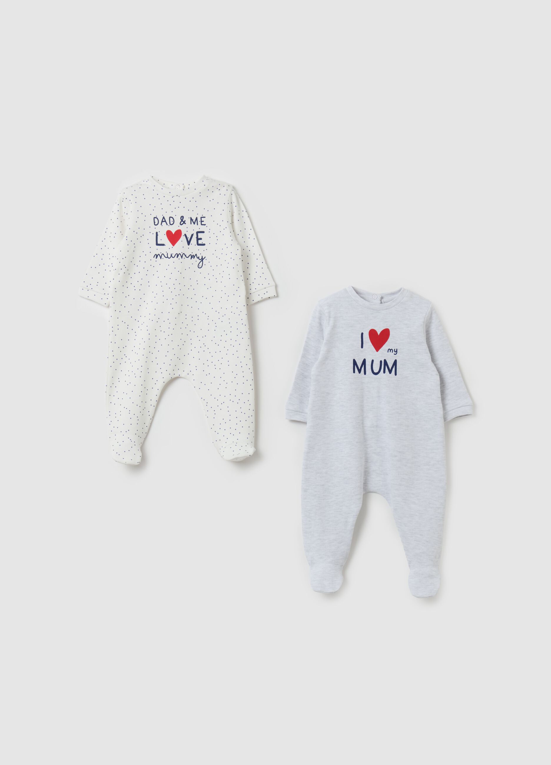 Two-pack I Love Mum onesies with feet