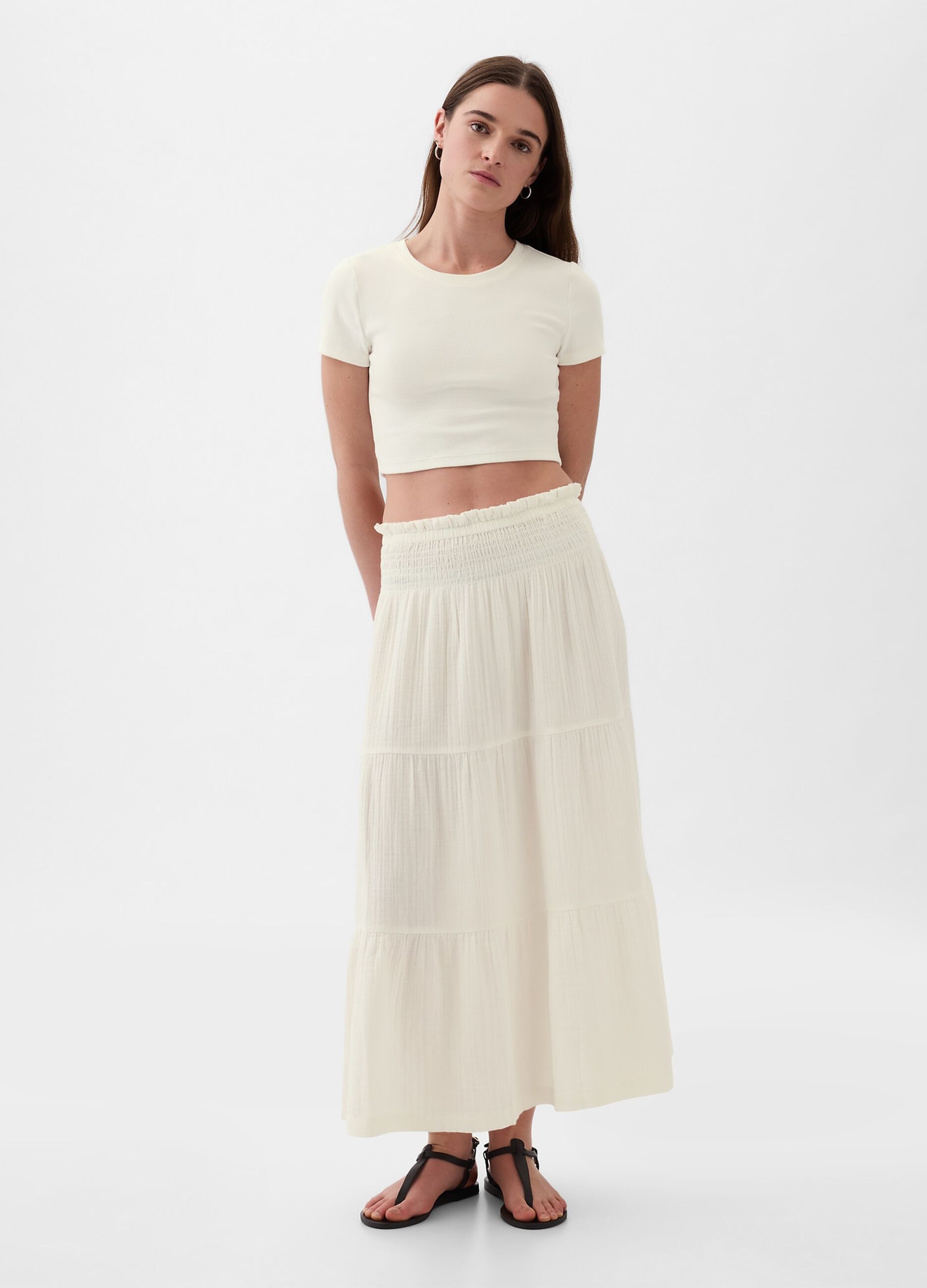 Long tiered skirt with crinkle-effect gauze