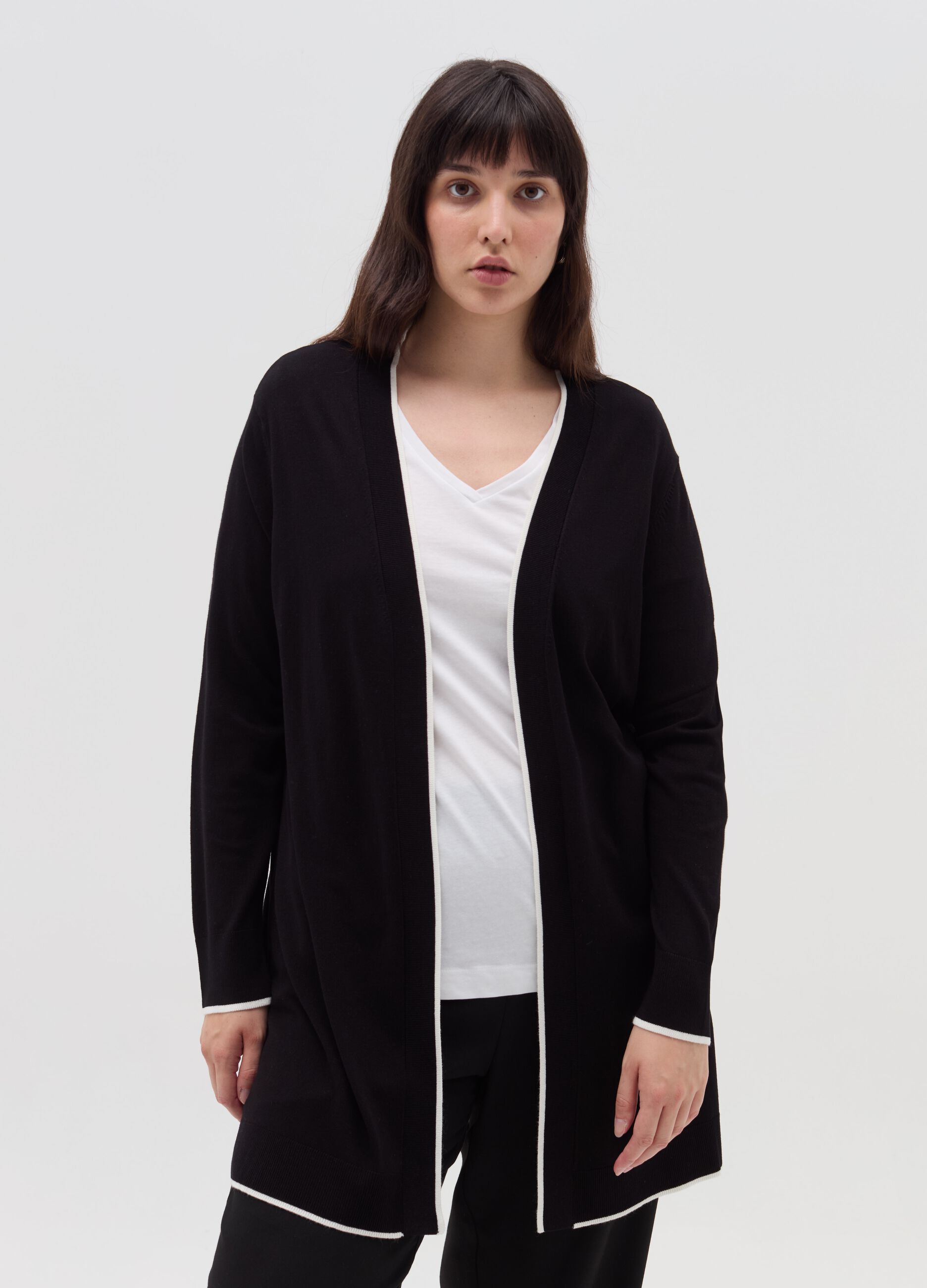 Curvy long cardigan with striped edging