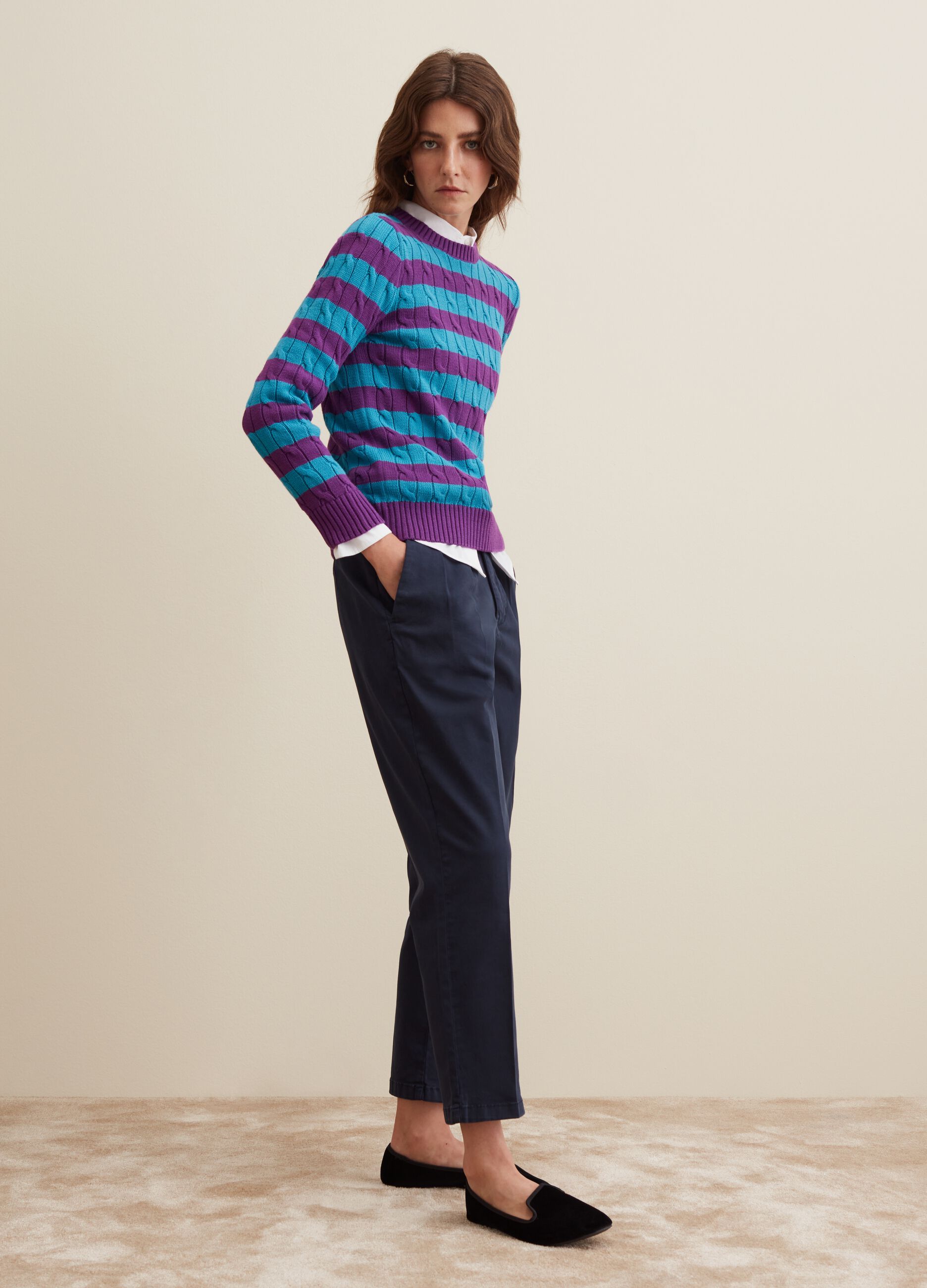 Striped pullover with cable-knit design