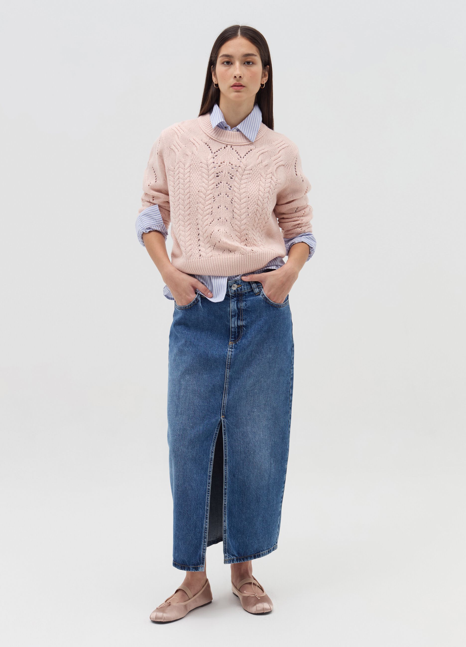 Cropped pointelle pullover with cable-knit design