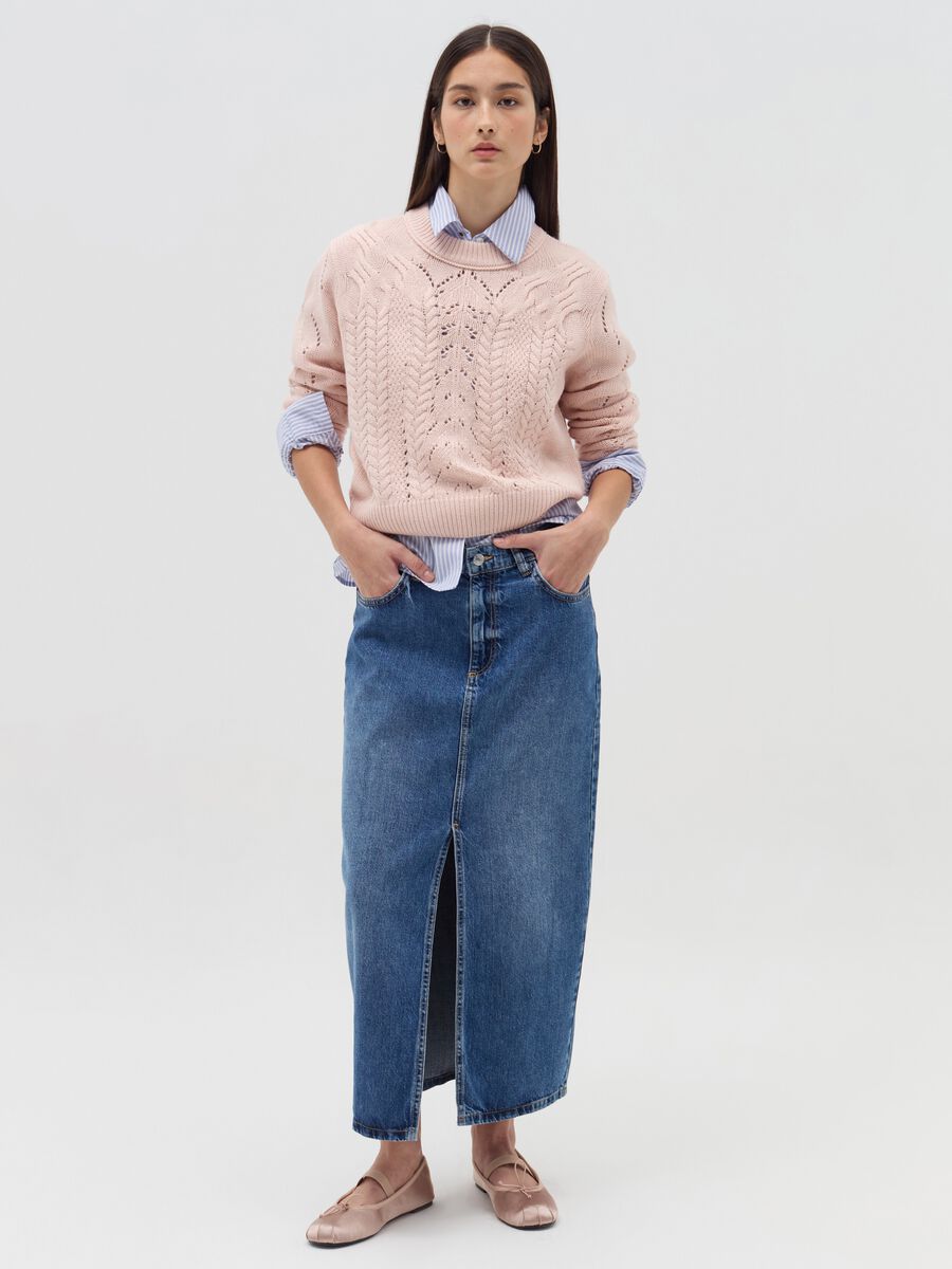 Cropped pointelle pullover with cable-knit design_0