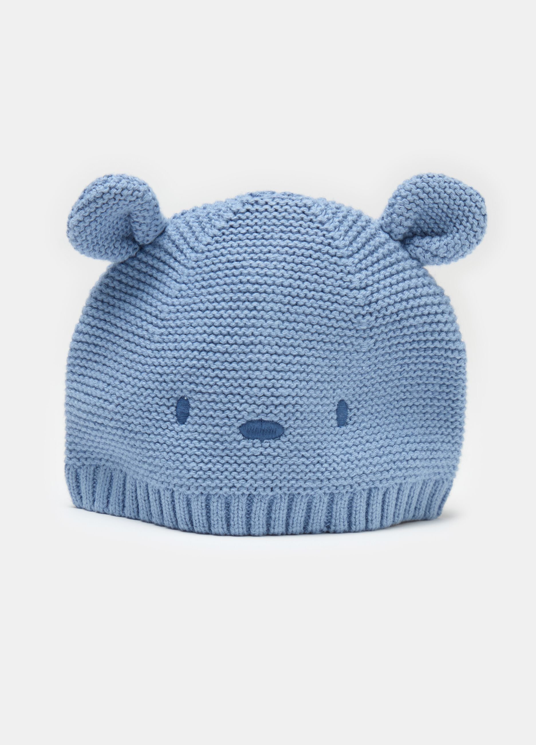 Knitted hat with ears and embroidery