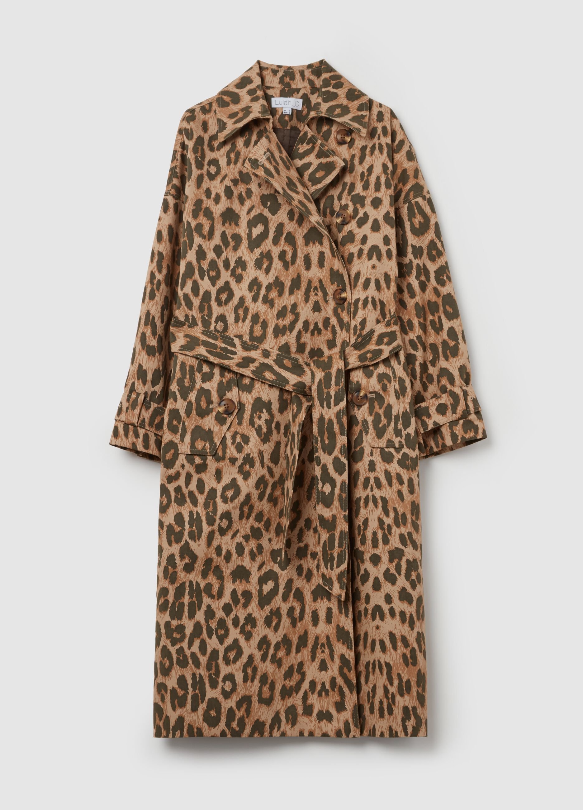 Double-breasted trench coat with animal print