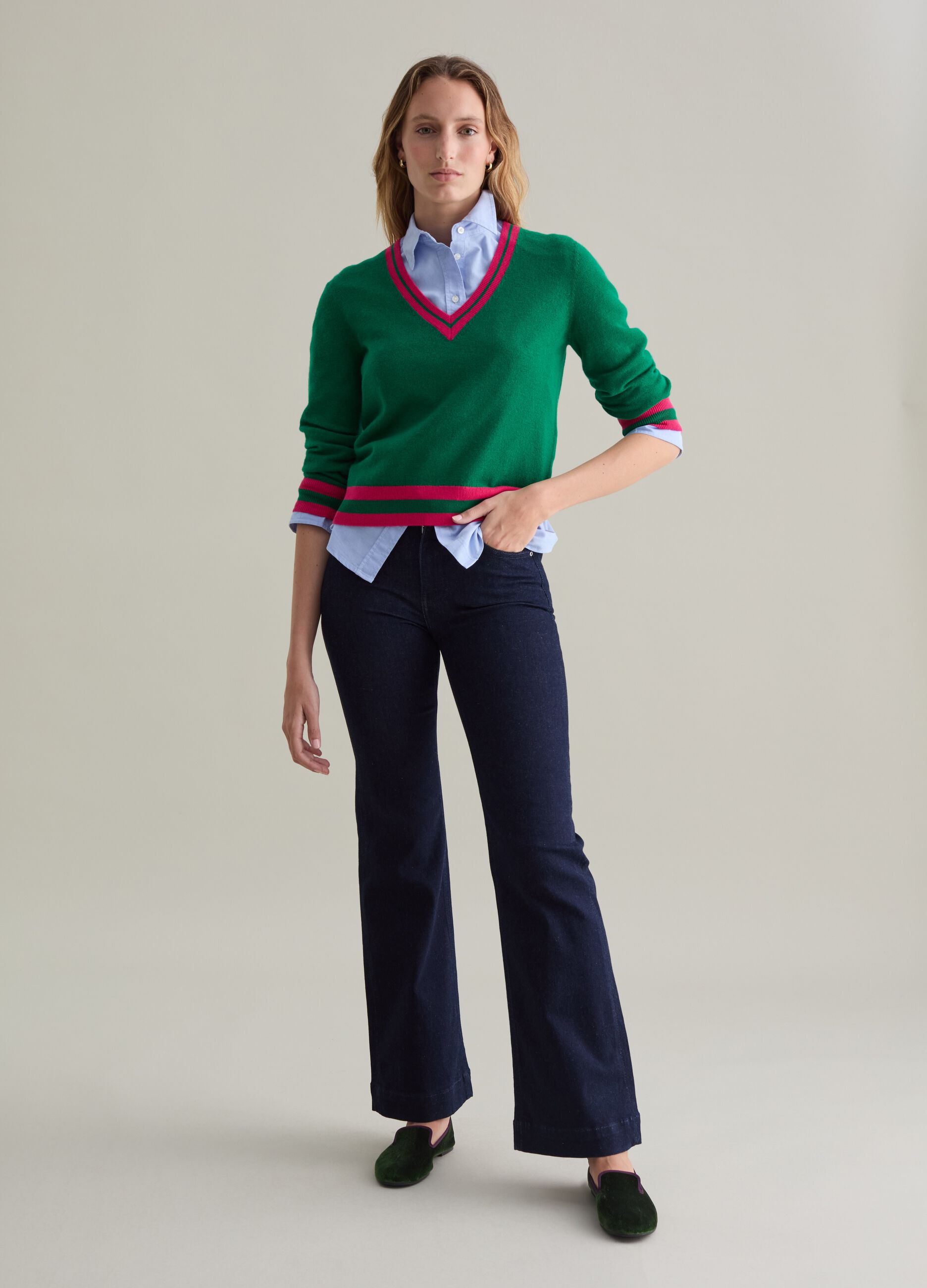 Wool pullover with striped trims