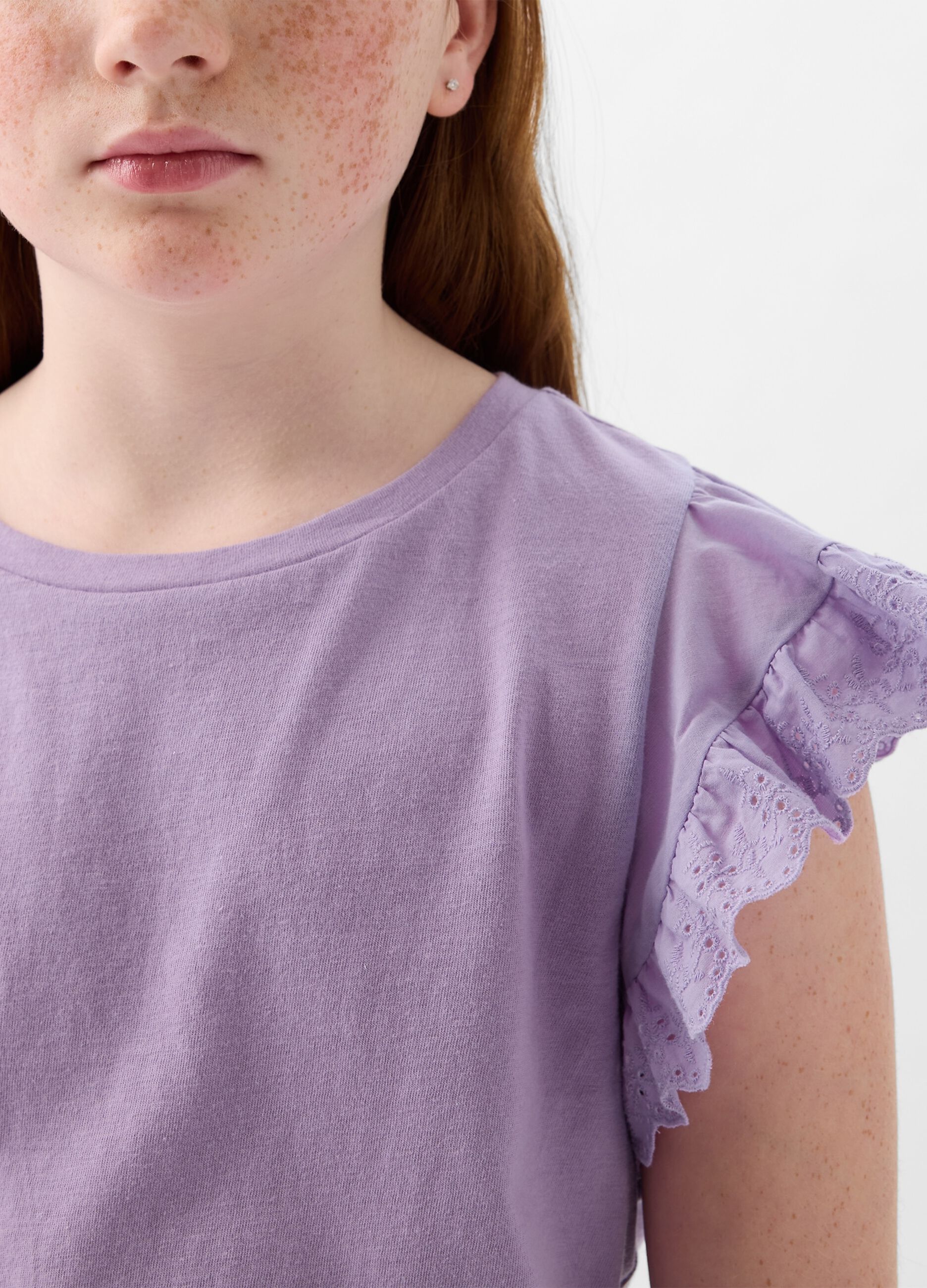 Cotton T-shirt with broderie anglaise flounces