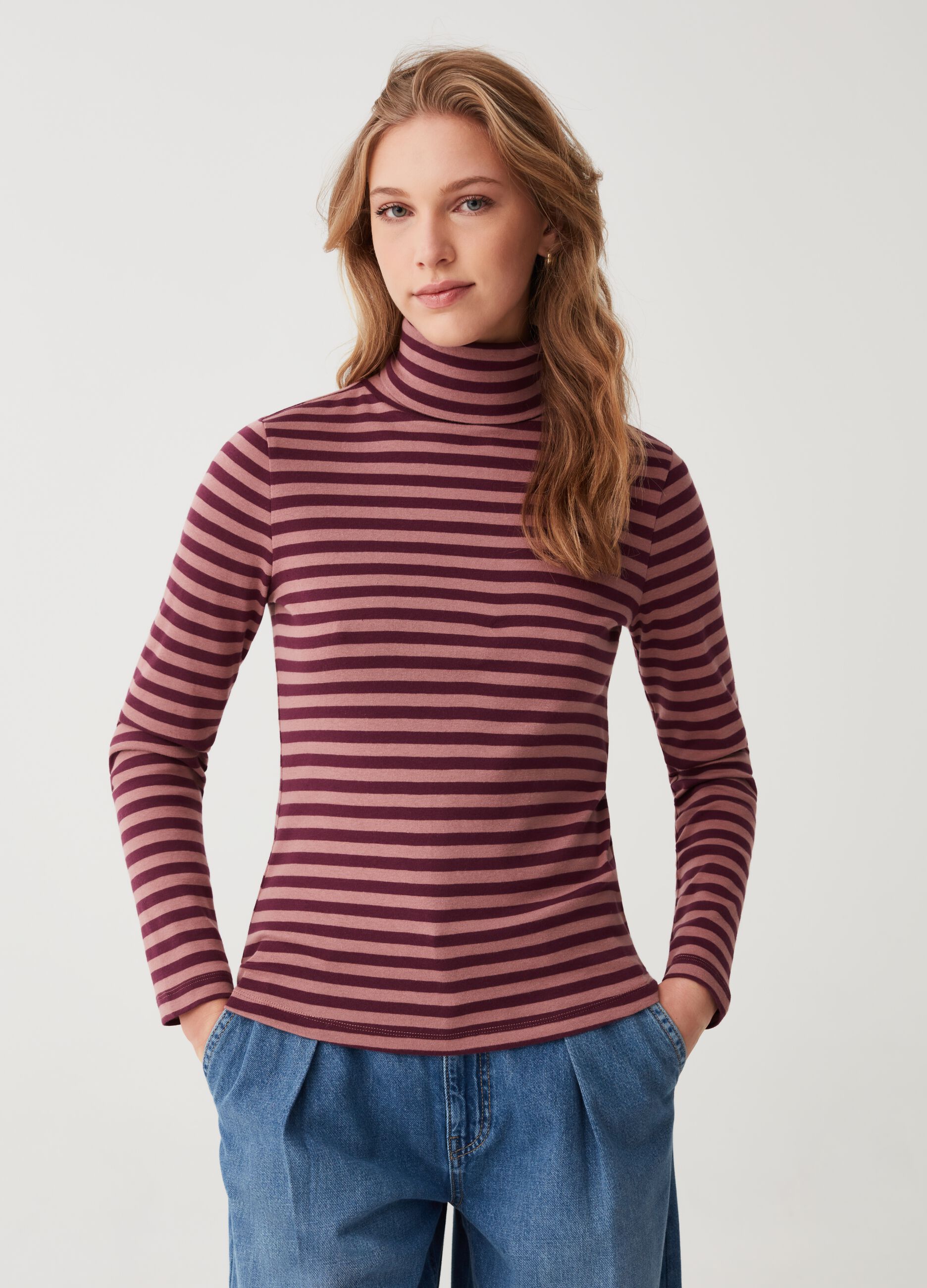 Striped T-shirt with high neck